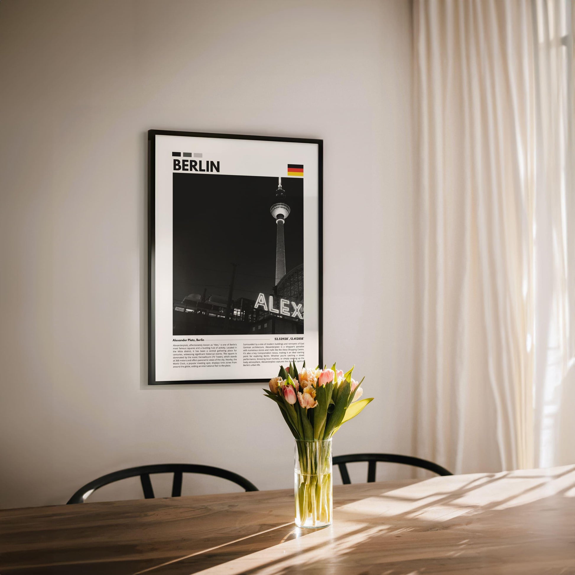 Timeless black and white photography of Alexanderplatz in Berlin, featuring the vibrant square and iconic Fernsehturm for travel-inspired wall decor.