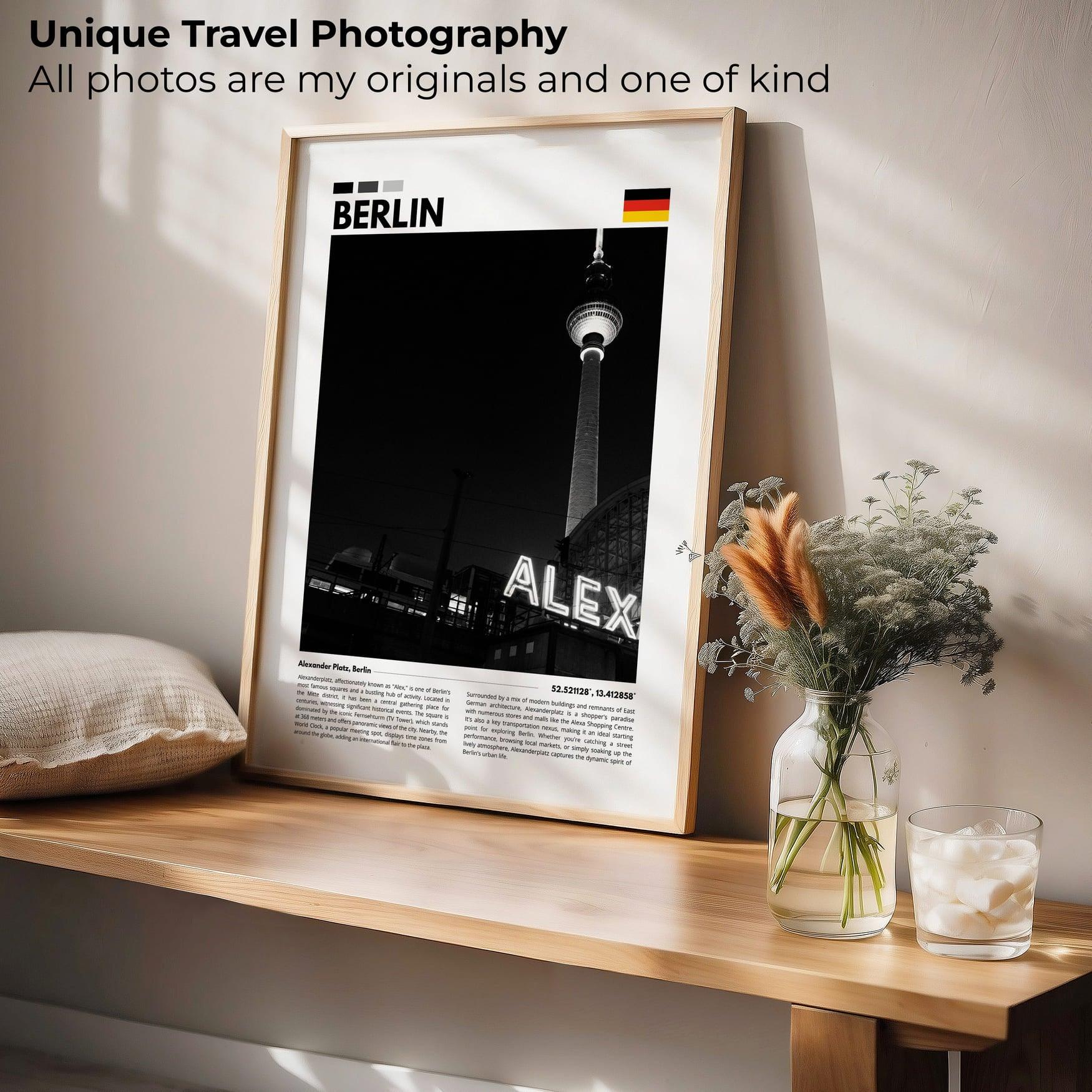 Berlin Alexanderplatz in black and white, highlighting its historic square and iconic architecture, ideal for minimalist and travel-themed wall art.