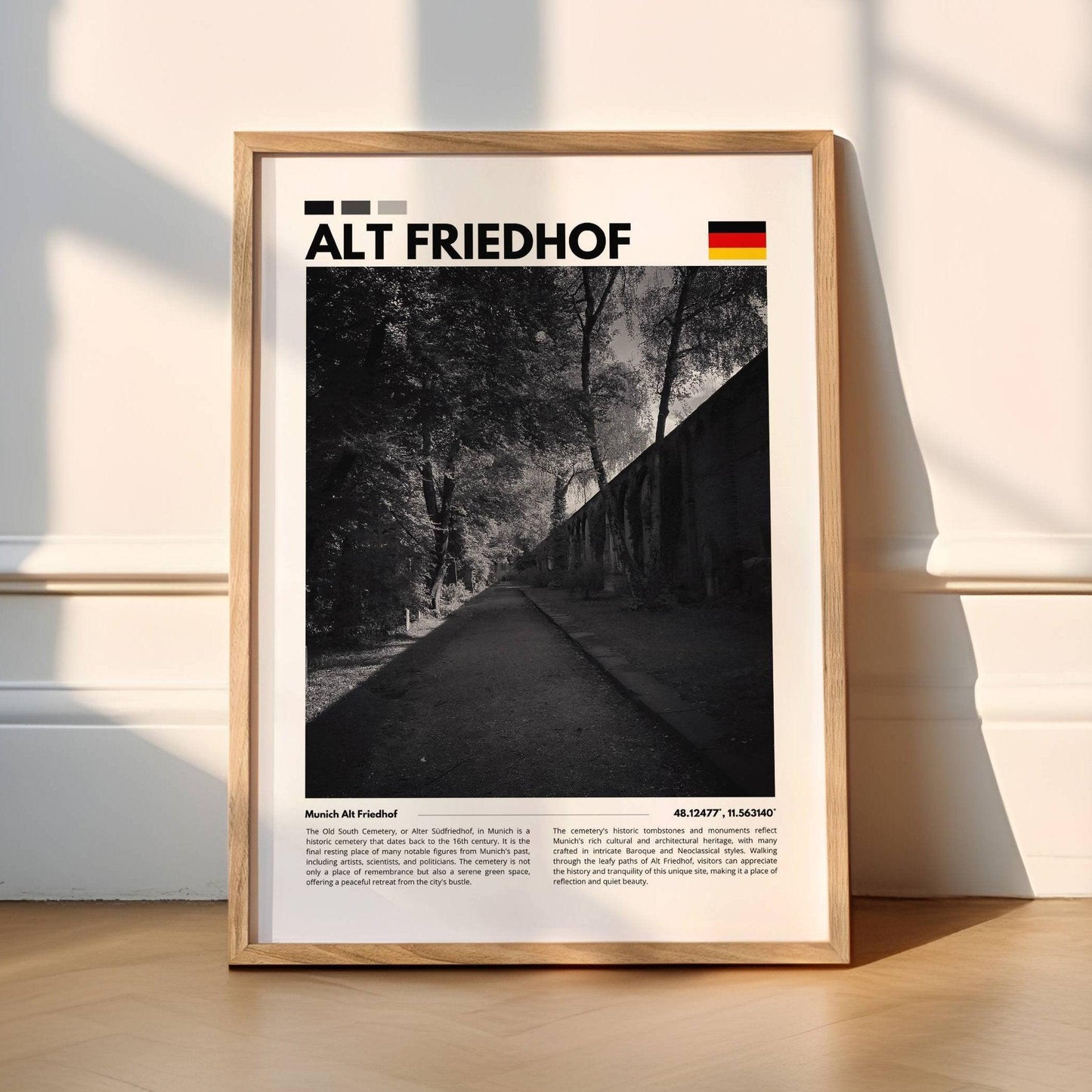 Beautiful black and white photo of perfect symmetry in a Munich cemetery, showcasing the balanced lines and quiet atmosphere, ideal for adding a sense of peace and reflection to any room.