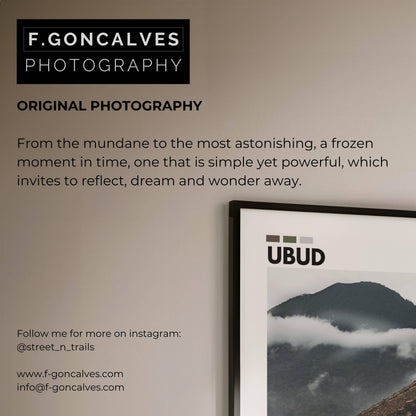 High-resolution photography of Udub mountains in Bali, showcasing the vibrant green slopes and misty atmosphere, ideal for nature-inspired wall art and modern decor.