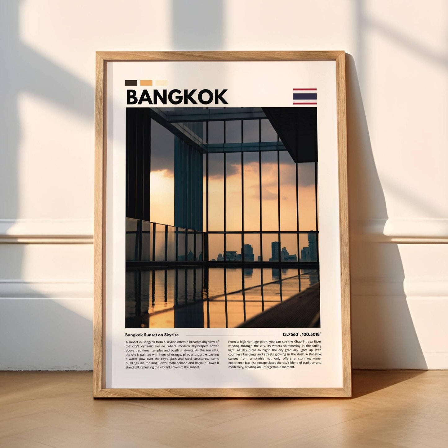 High-resolution photo of a Bangkok sunset over a pool, showcasing the beautiful interplay of colors and reflections in the water, making it a perfect addition to any modern space.