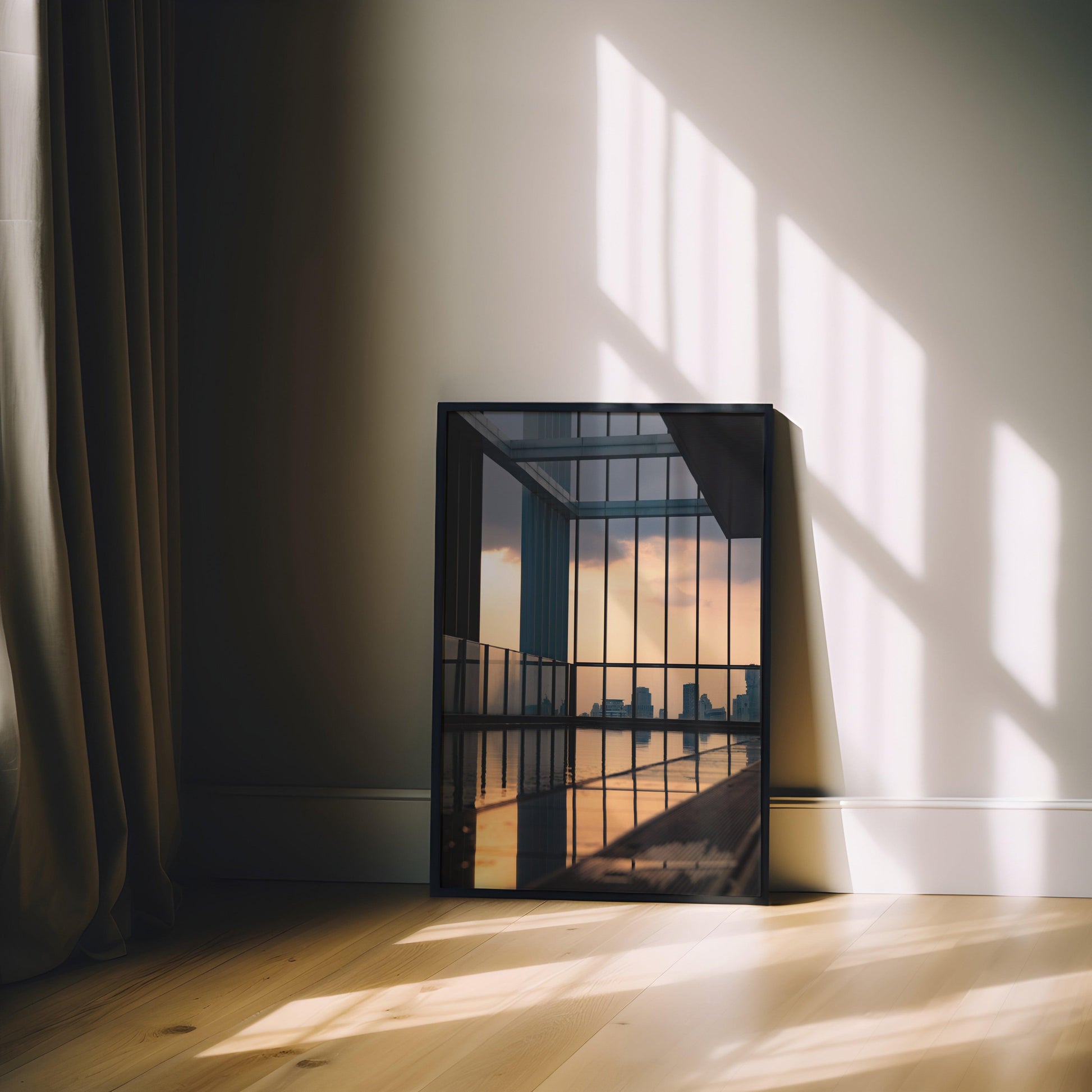 Rooftop sunset view in Bangkok with a tranquil pool and vibrant cityscape, captured in detailed photography, ideal for urban and luxury-inspired decor.