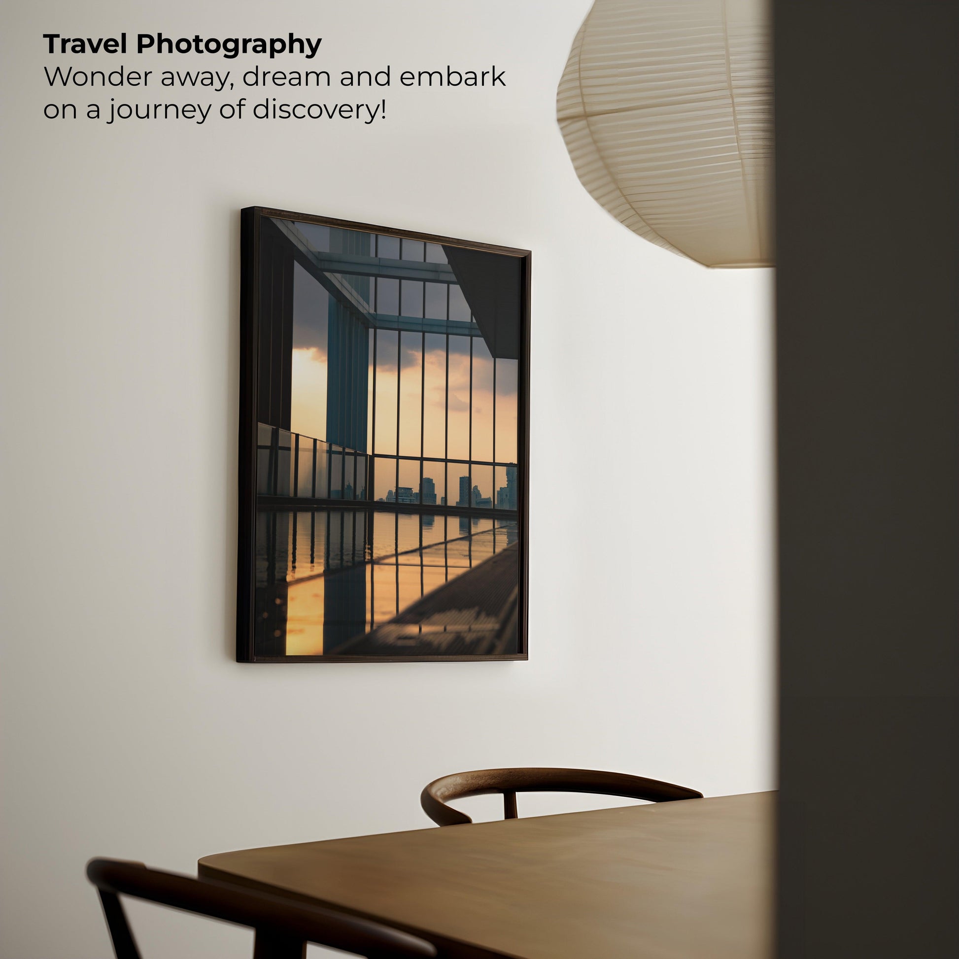 High-resolution photography of a rooftop pool in Bangkok at sunset, featuring vibrant sky tones and serene reflections, ideal for modern travel-inspired wall art.