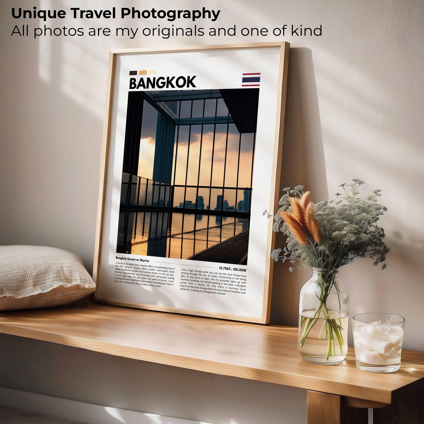 High-quality photography of a sunset over a luxurious pool in Bangkok, featuring warm tones and a peaceful atmosphere, perfect for those who love travel-inspired art and sunset photography.