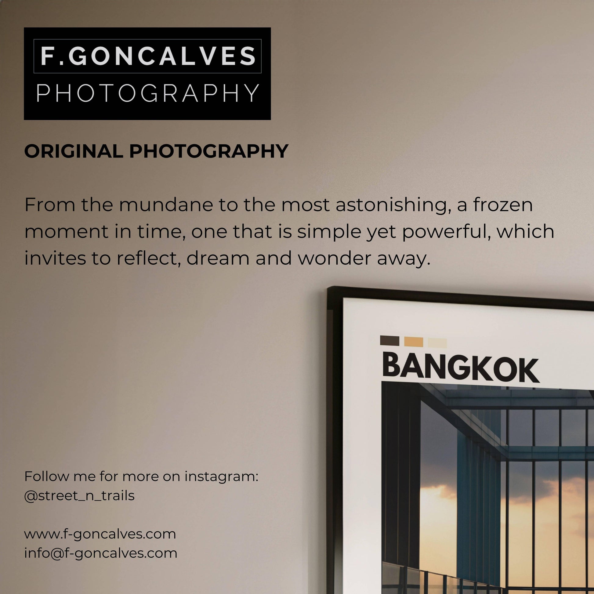 Sunset over a pool in Bangkok photography poster, featuring a tranquil scene with the city skyline in the background and golden sun rays reflecting on the water, ideal for modern decor.