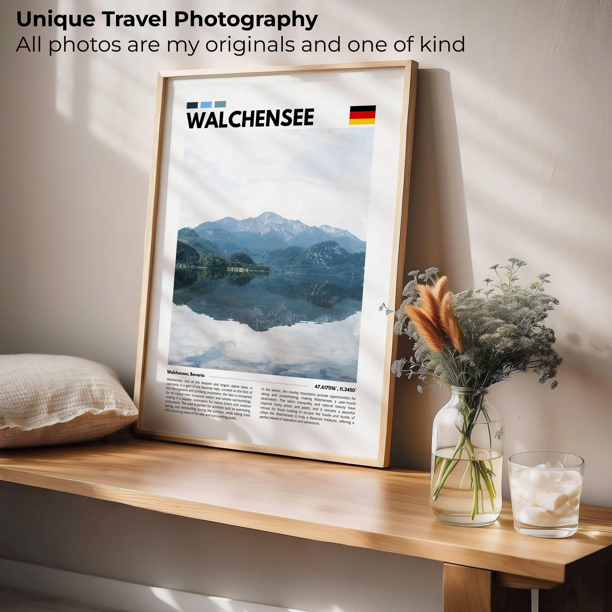 Walchensee Lake photography, showcasing its pristine waters and the breathtaking beauty of the Bavarian Alps, ideal for modern interiors and nature-inspired decor.