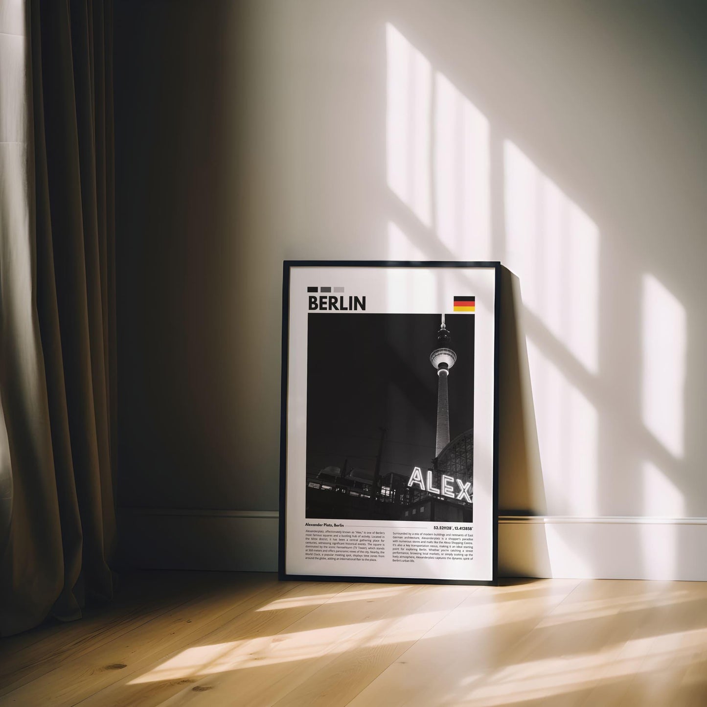 High-quality photography of Alexanderplatz in Berlin, with the TV Tower in monochrome tones, perfect for modern interiors and cityscape enthusiasts.