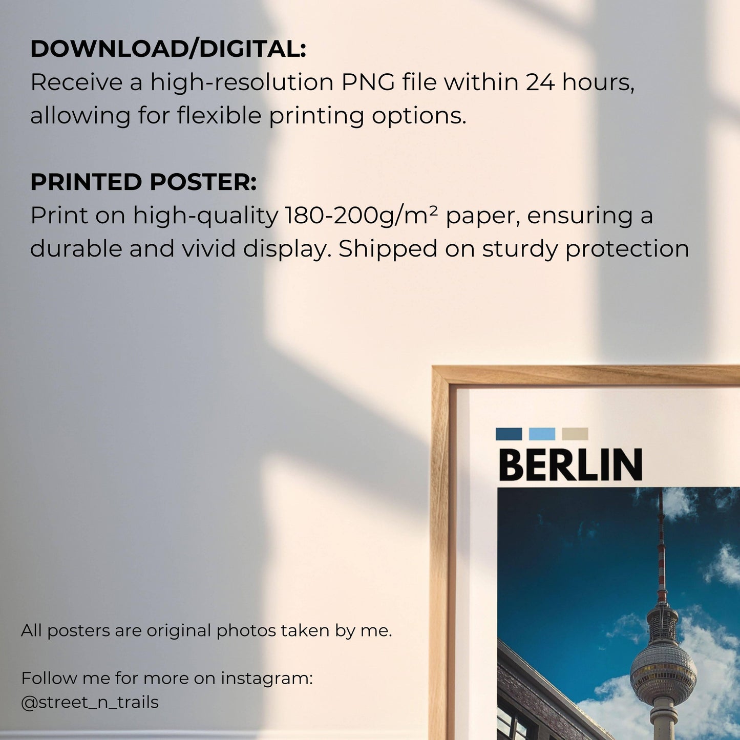 High-resolution photography poster of the Berlin TV Tower, Germany’s most famous landmark, standing tall under a beautiful blue sky. Perfect for travel enthusiasts and urban decor lovers.