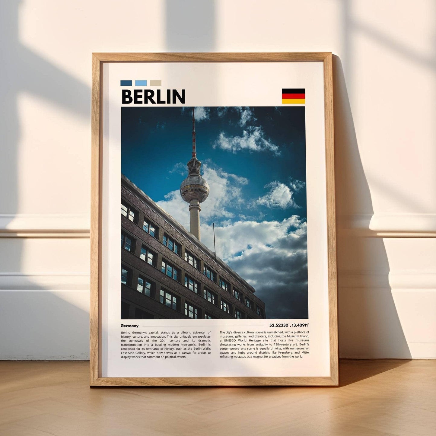 Berlin’s iconic Fernsehturm, or TV Tower, captured in stunning clarity on a blue sky day, making it a must-have poster for fans of German architecture and modern design.