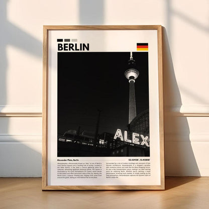 Black and white photography of Alexanderplatz in Berlin, showcasing the iconic Fernsehturm and historic architecture, perfect for modern wall decor.