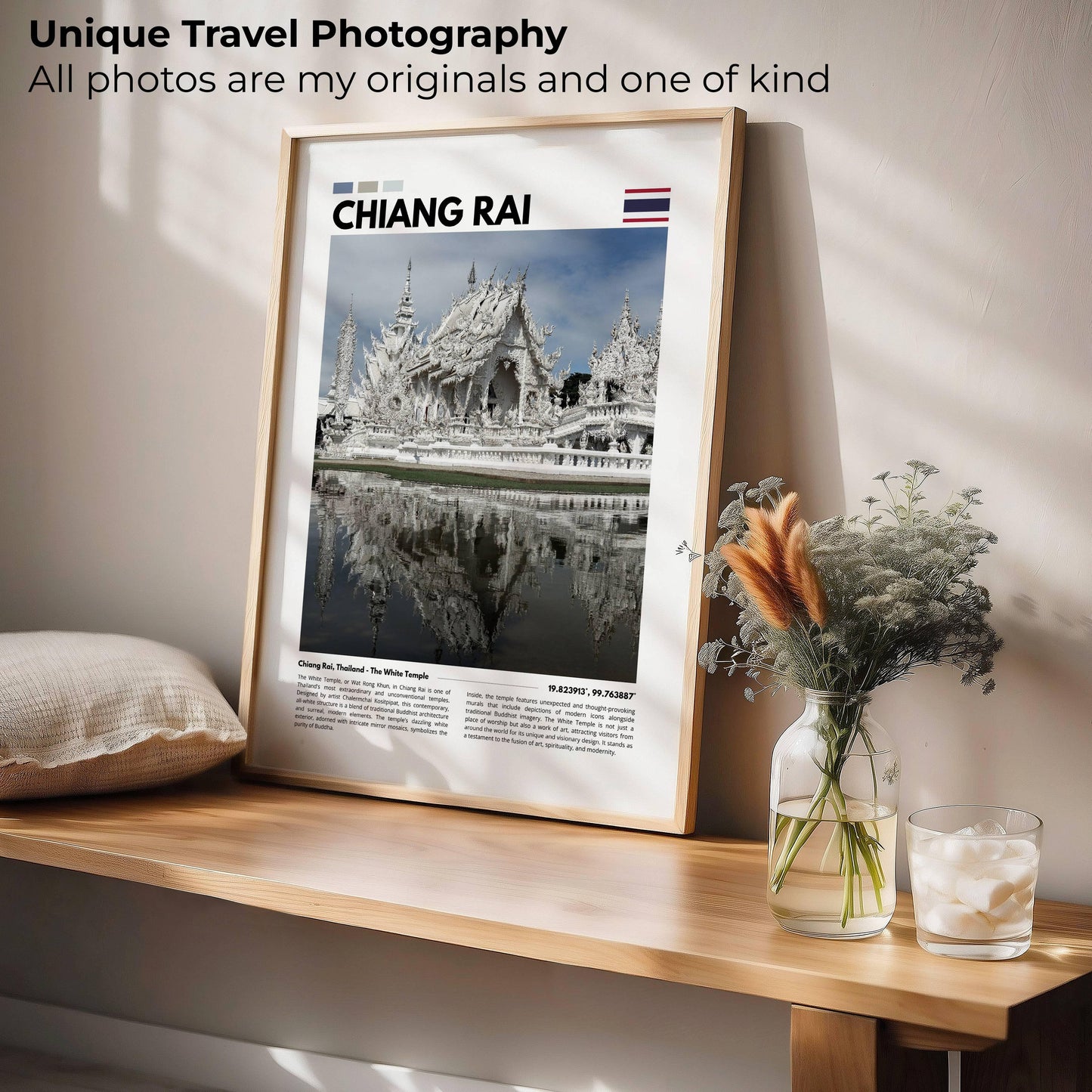 Serene and beautiful White Temple in Chiang Rai, Thailand, photographed in stunning detail, perfect for lovers of Thai culture, architecture, and travel-inspired wall art.