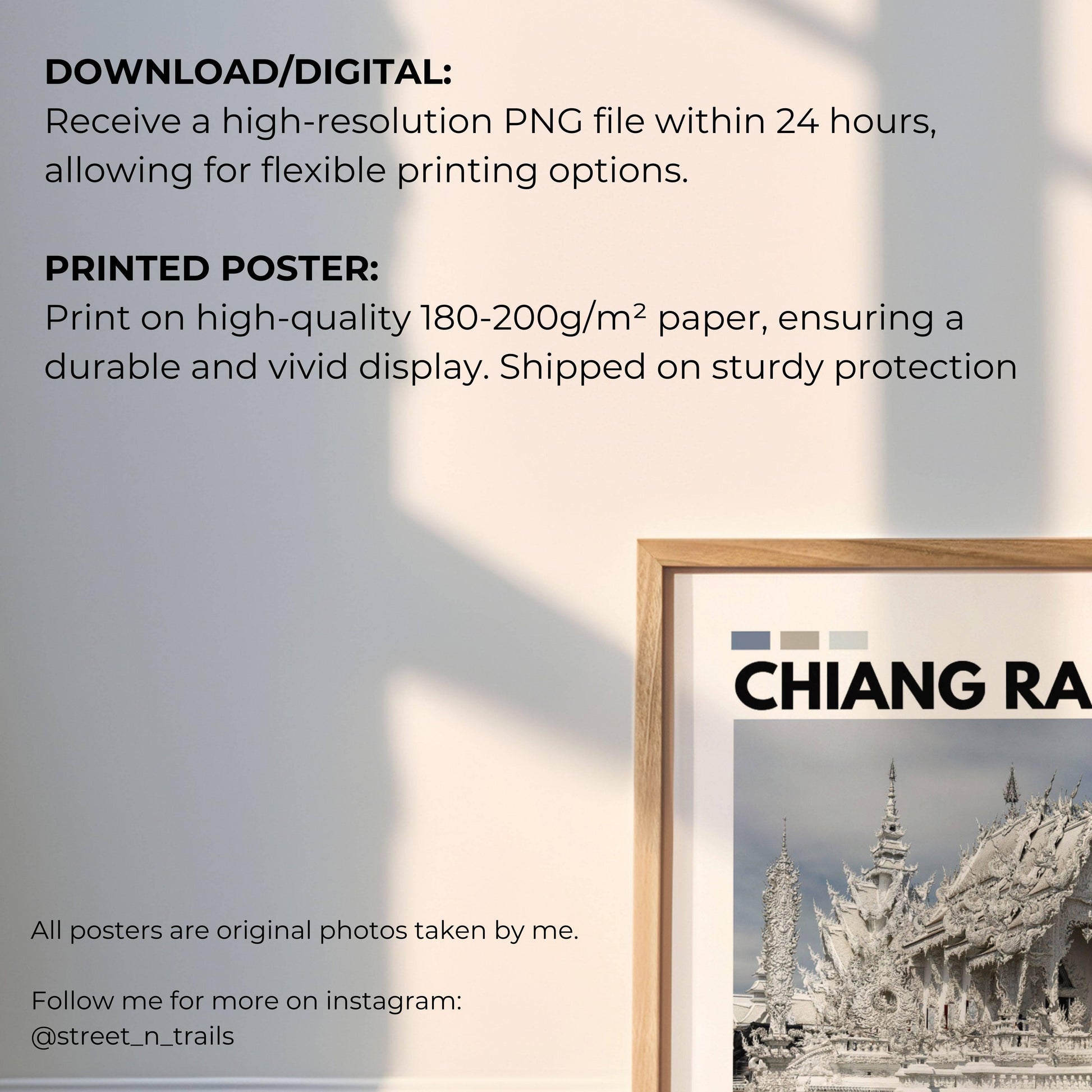 Chiang Rai White Temple photography poster featuring the stunning architecture and intricate details of Thailand’s most famous temple, ideal for travel-inspired decor.