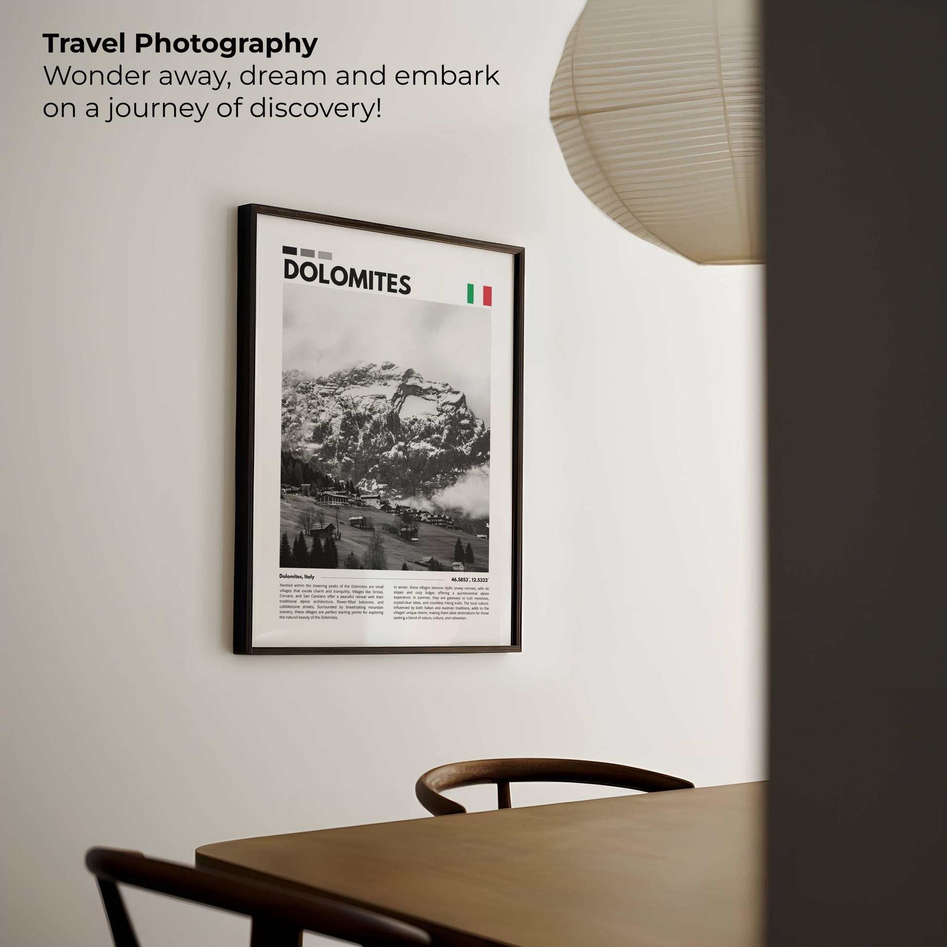 Stunning Dolomites mountain view, showcasing timeless alpine charm with dramatic peaks and rolling meadows, perfect for travel-themed or serene wall art.