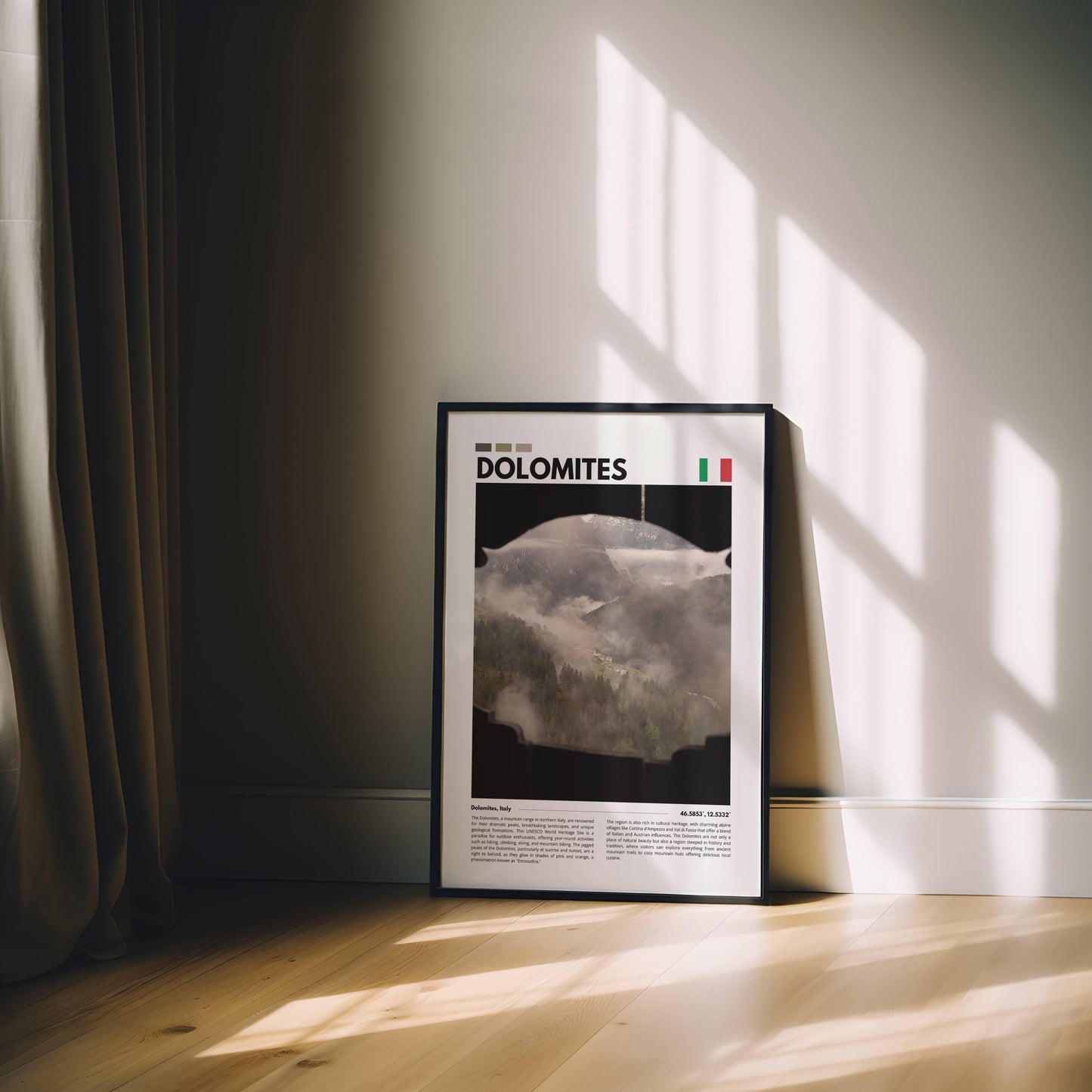 Scenic view of the Dolomites mountains, with dramatic rock formations and lush green landscapes, captured in detailed photography perfect for modern decor.