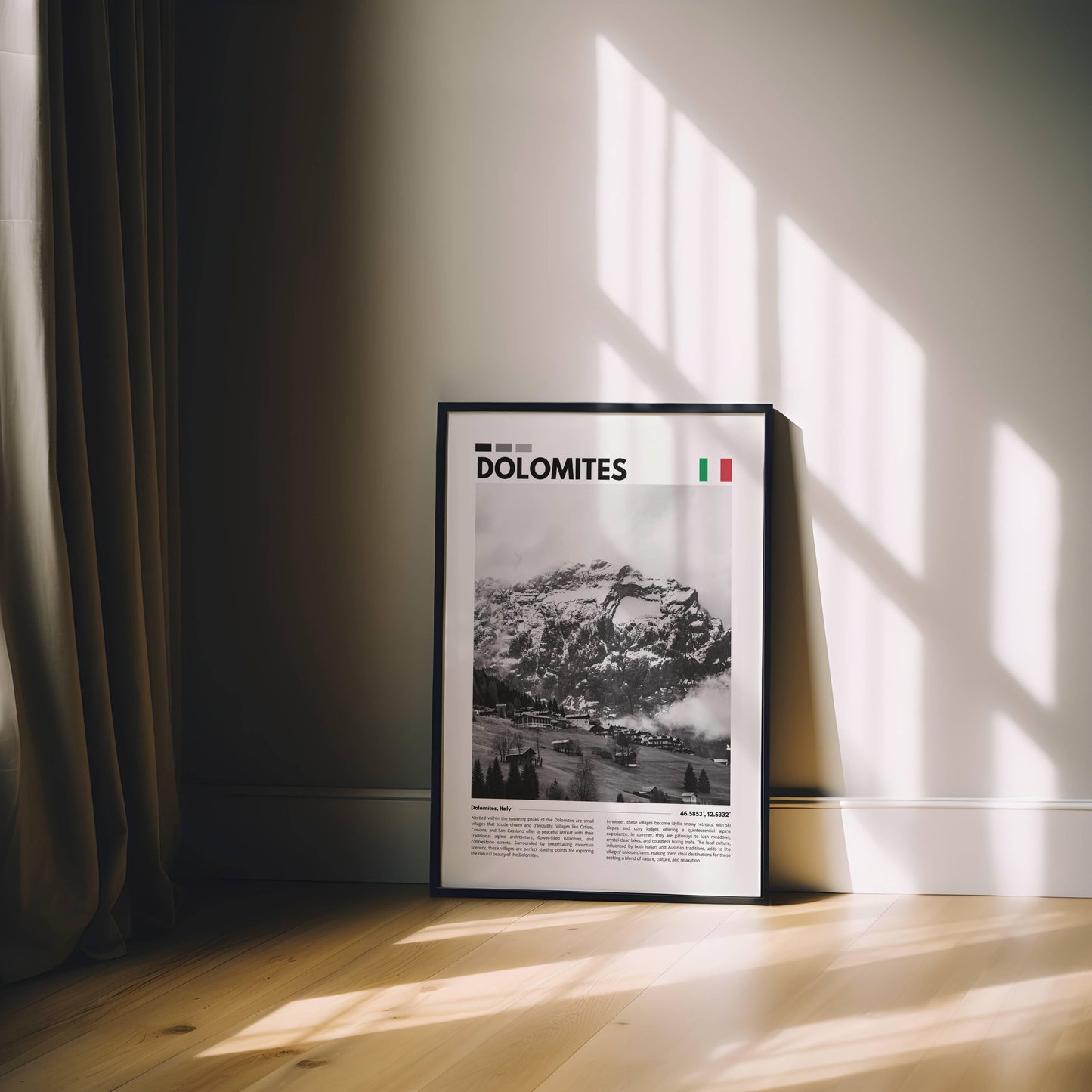 Iconic Dolomites mountain range captured in vibrant detail, featuring dramatic cliffs and serene light, perfect for outdoor enthusiasts and decor lovers.