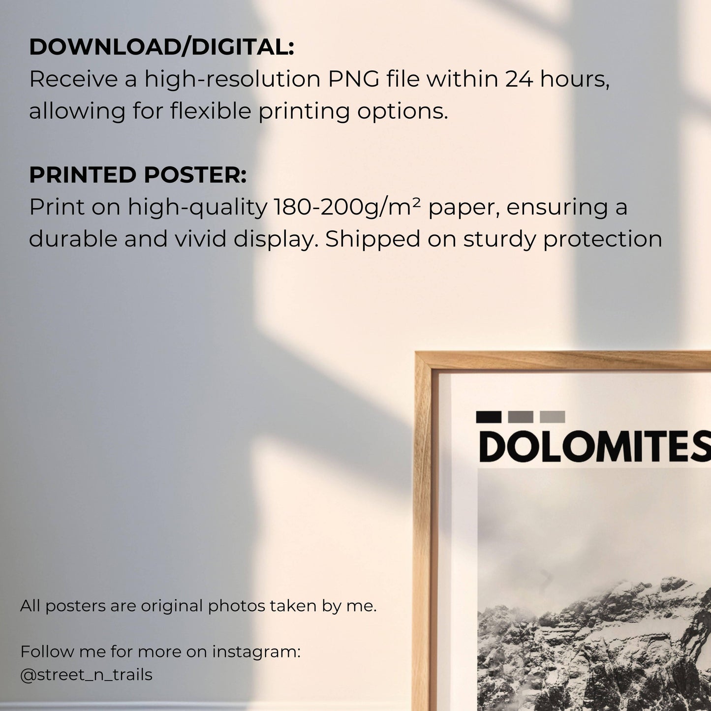 Scenic alpine landscape of the Dolomites mountains, with rugged cliffs and tranquil vistas, photographed for a high-quality nature-inspired photography poster.