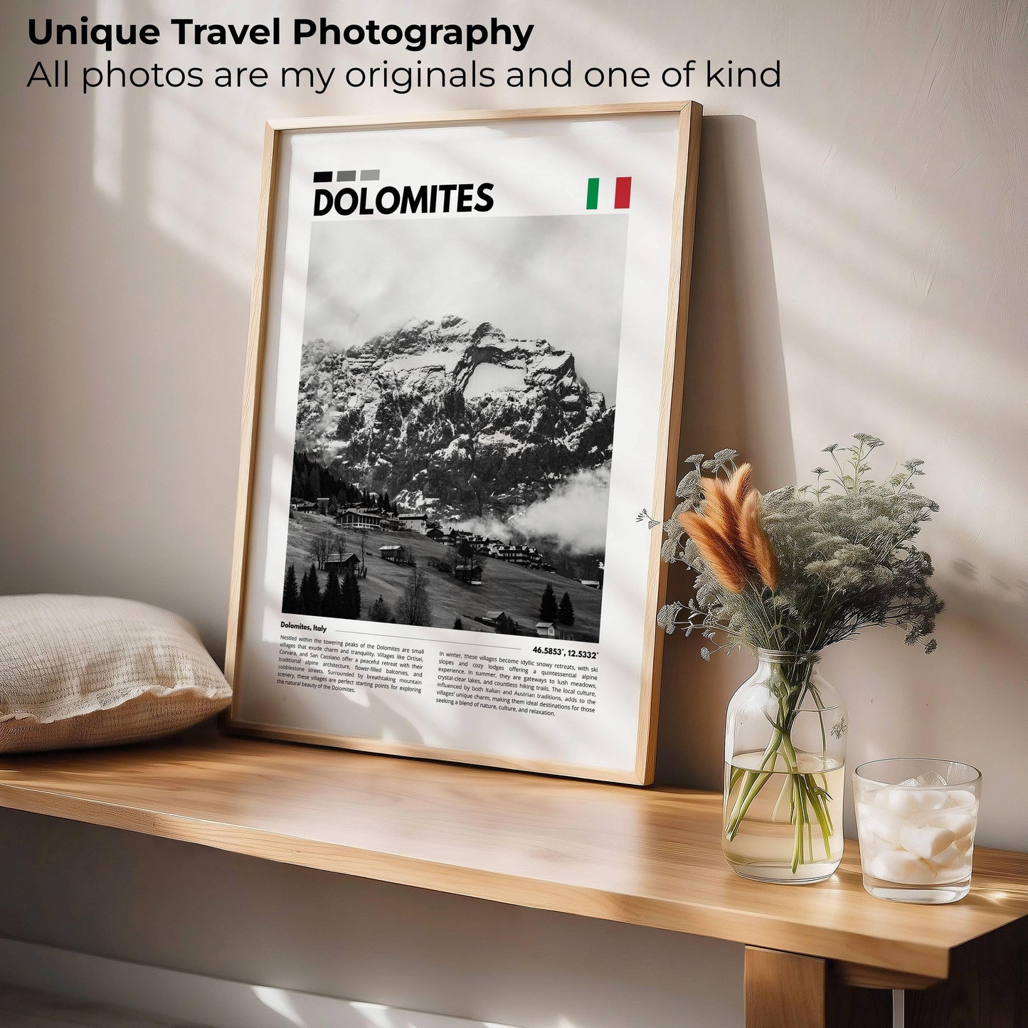 Stunning Dolomites mountain view, showcasing timeless alpine charm with dramatic peaks and rolling meadows, perfect for travel-themed or serene wall art.