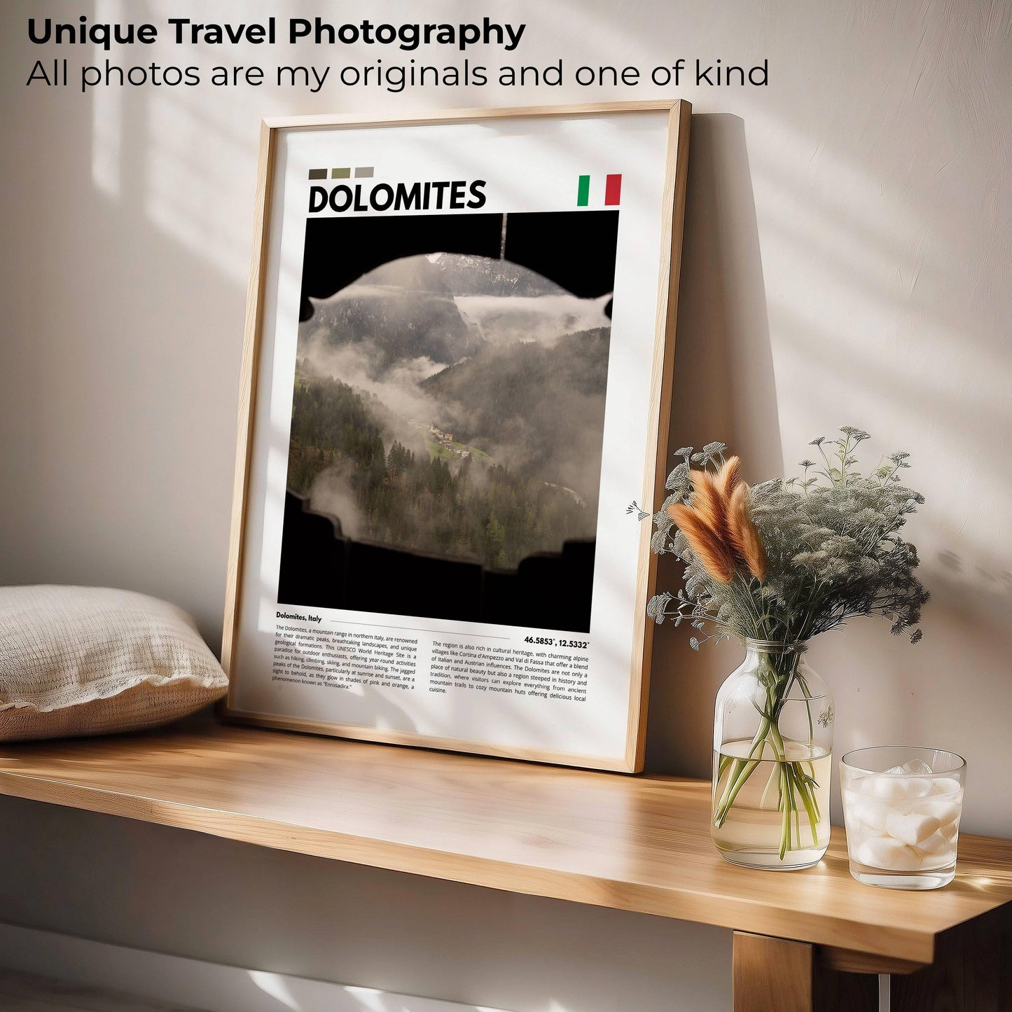 Photography poster of the Dolomites in Italy, featuring breathtaking alpine landscapes and dramatic peaks, ideal for nature lovers and scenic decor.