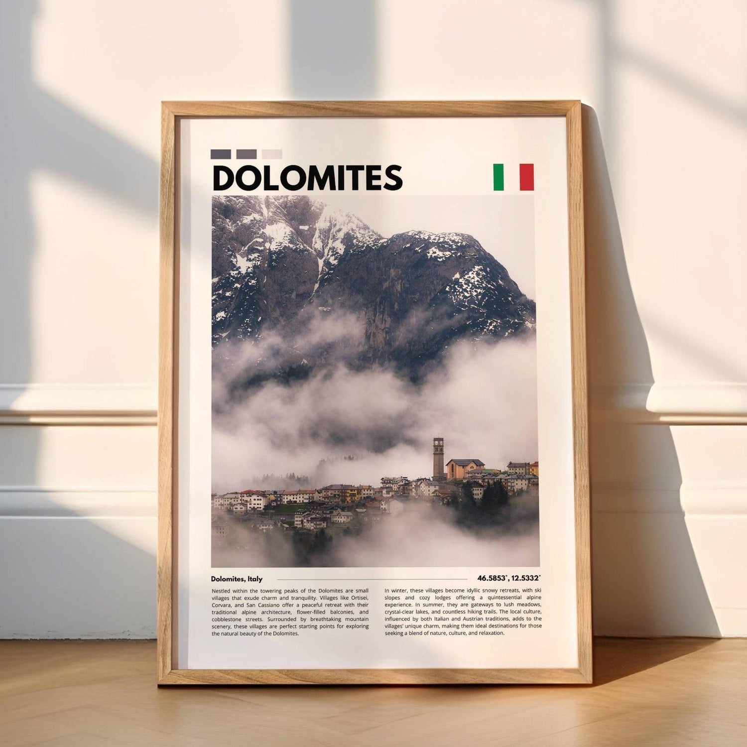 Pristine Dolomites landscape in Italy, featuring towering peaks and lush meadows, photographed in stunning detail for a unique photography poster.