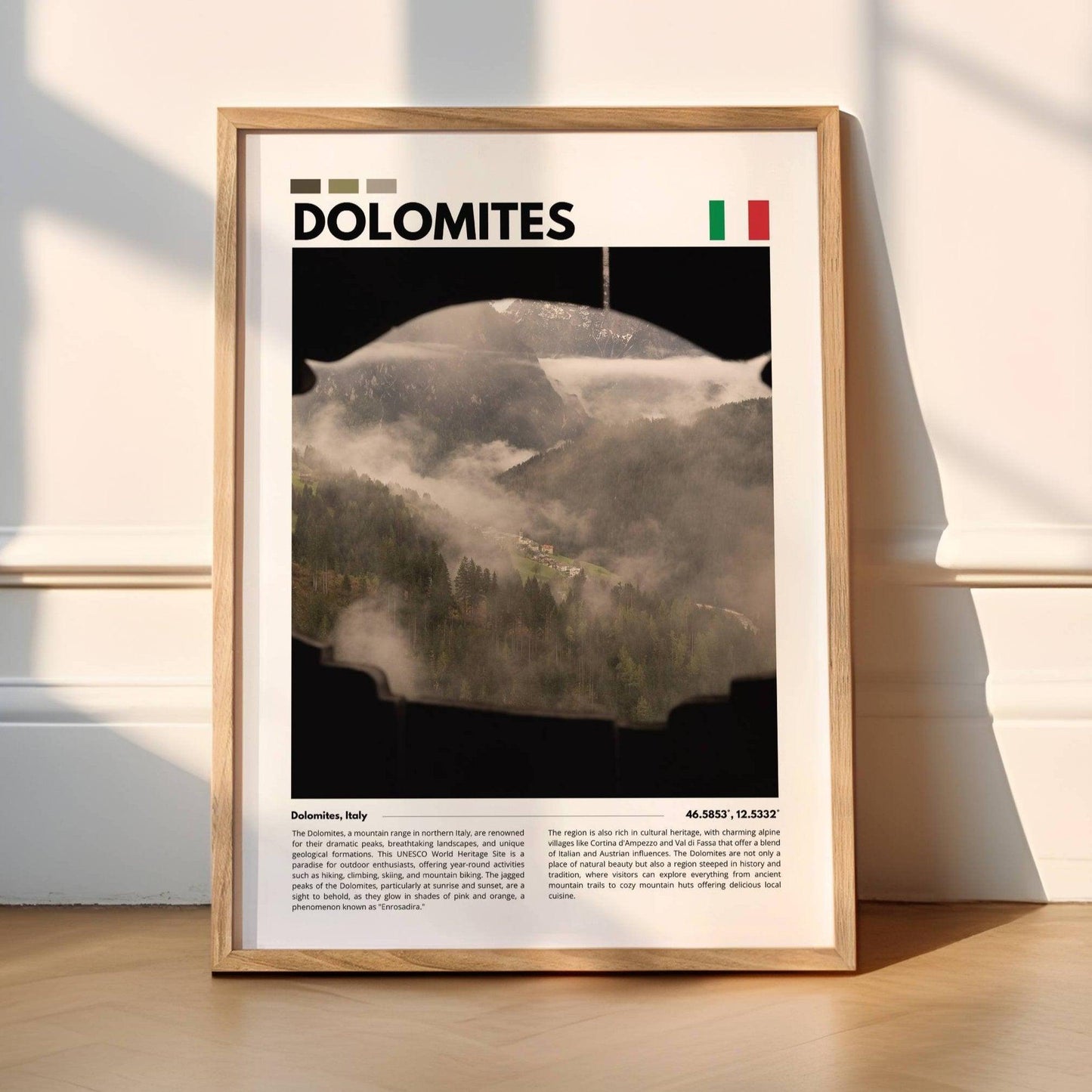 Peaceful Dolomites mountain view, captured in high-resolution photography, highlighting their natural grandeur and iconic scenery for wall art lovers.