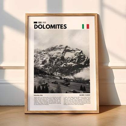 Dolomites mountain serenity captured in detailed photography, featuring steep rock formations and tranquil alpine beauty, perfect for calming interiors.