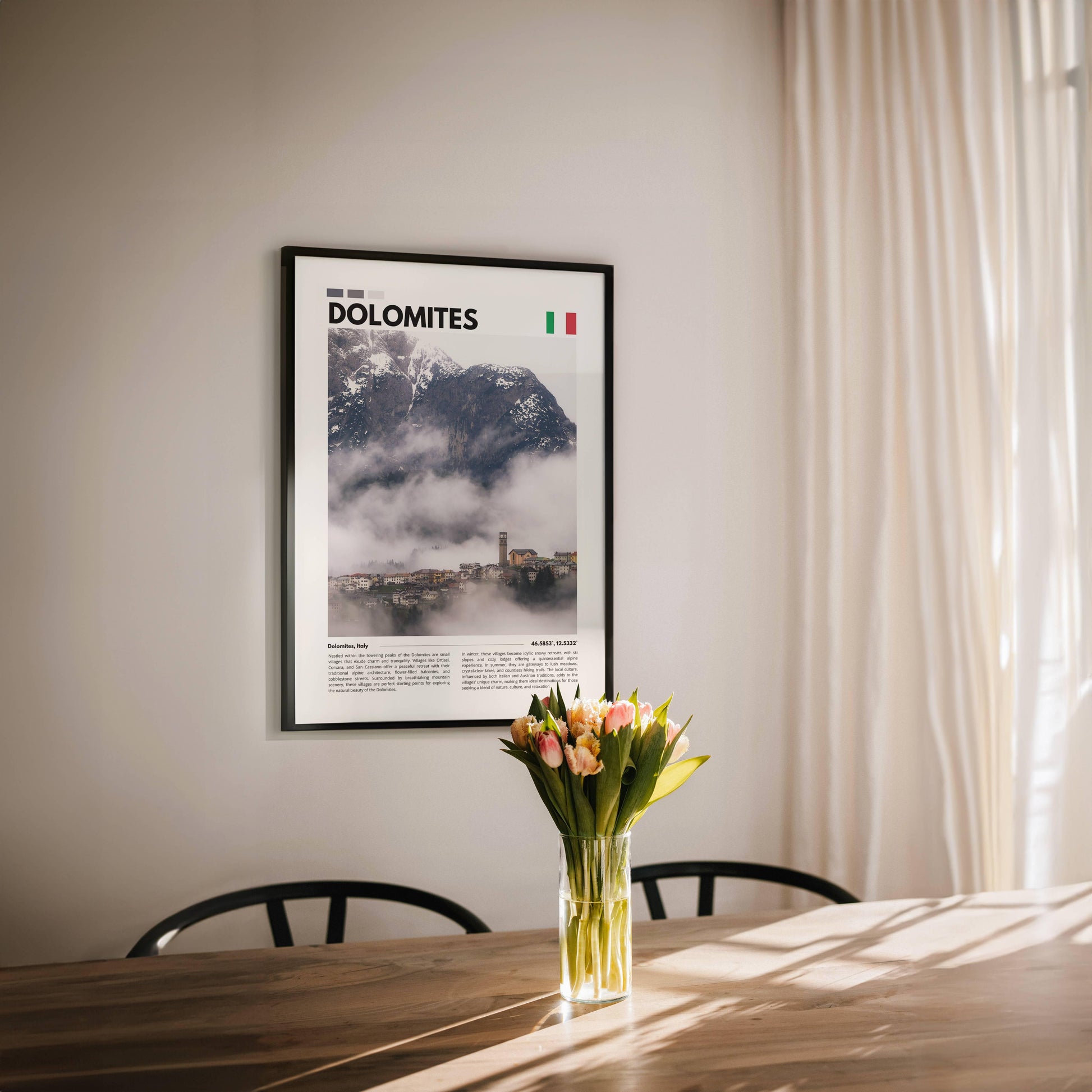 Serene alpine landscape of the Dolomites, with rugged cliffs and pristine natural beauty, captured in vibrant photography for travel-inspired wall art.