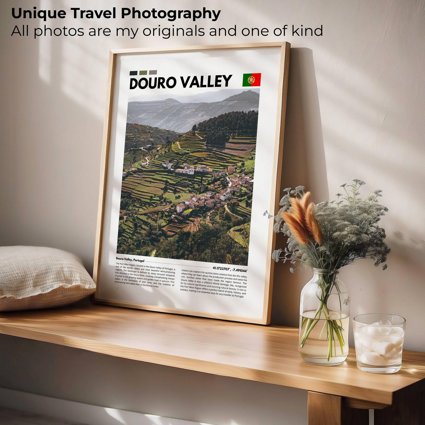 Stunning photography of the Douro Valley in Portugal, showcasing terraced vineyards and the winding Douro River, perfect for travel and nature-inspired wall decor.