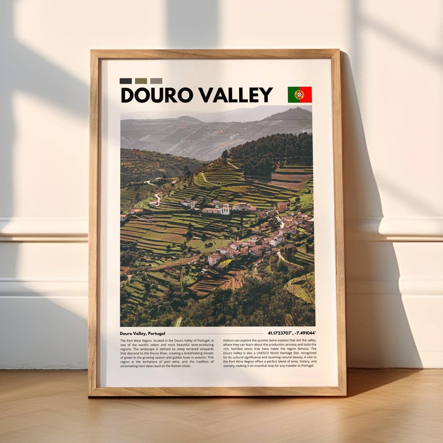 Douro Valley in Portugal photographed with its terraced slopes and the winding Douro River, offering a glimpse into the region’s wine-making heritage.