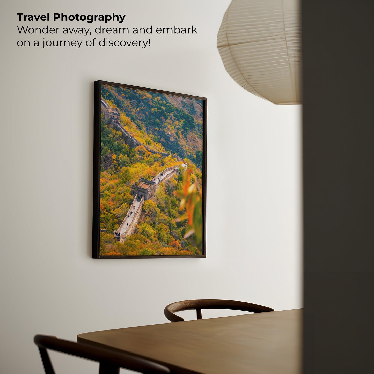 The Great Wall of China photographed with dramatic mountain views, showcasing its architectural grandeur and historic charm, ideal for wall art.