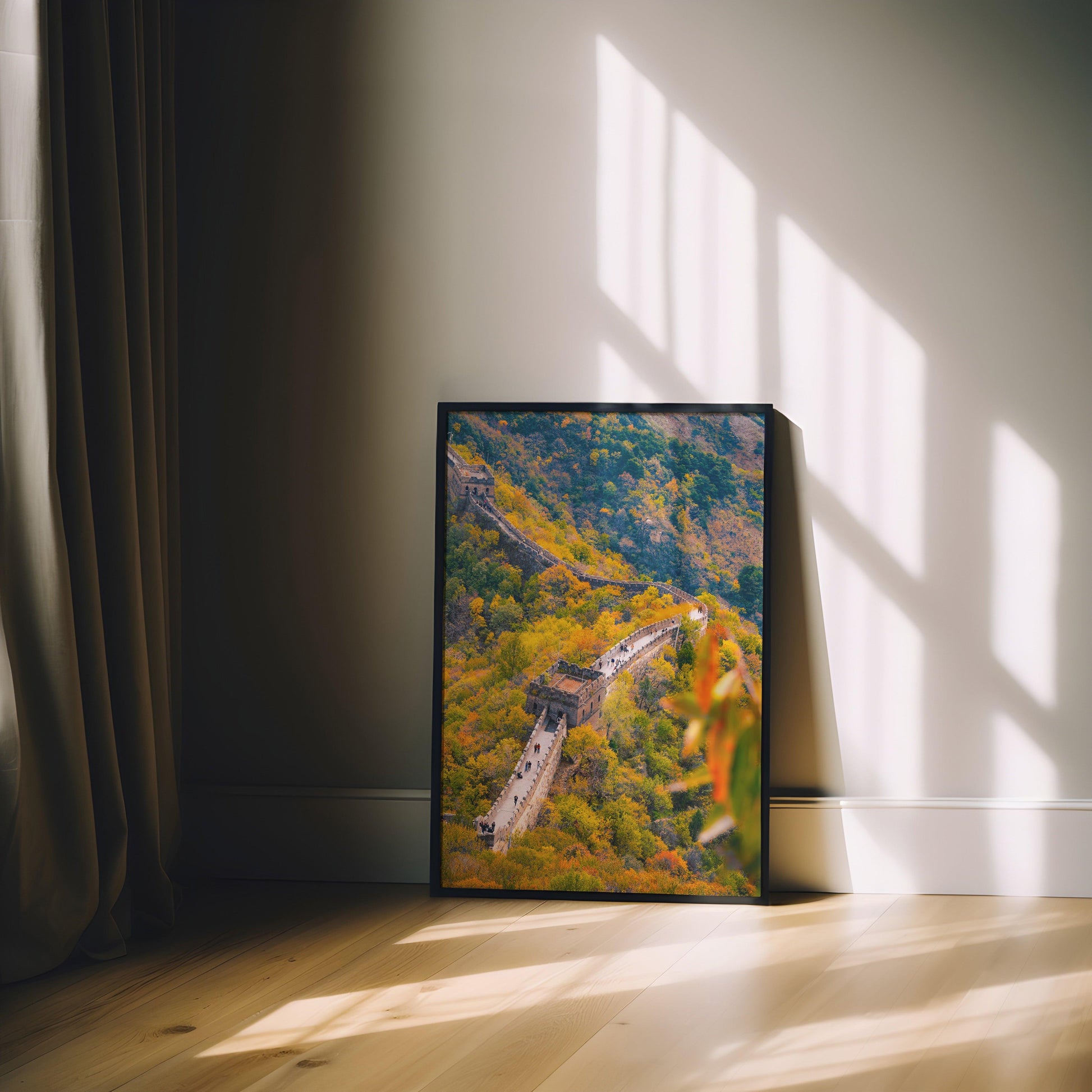 High-resolution image of the Great Wall of China, highlighting its iconic structure and the breathtaking natural landscape, perfect for historic decor.