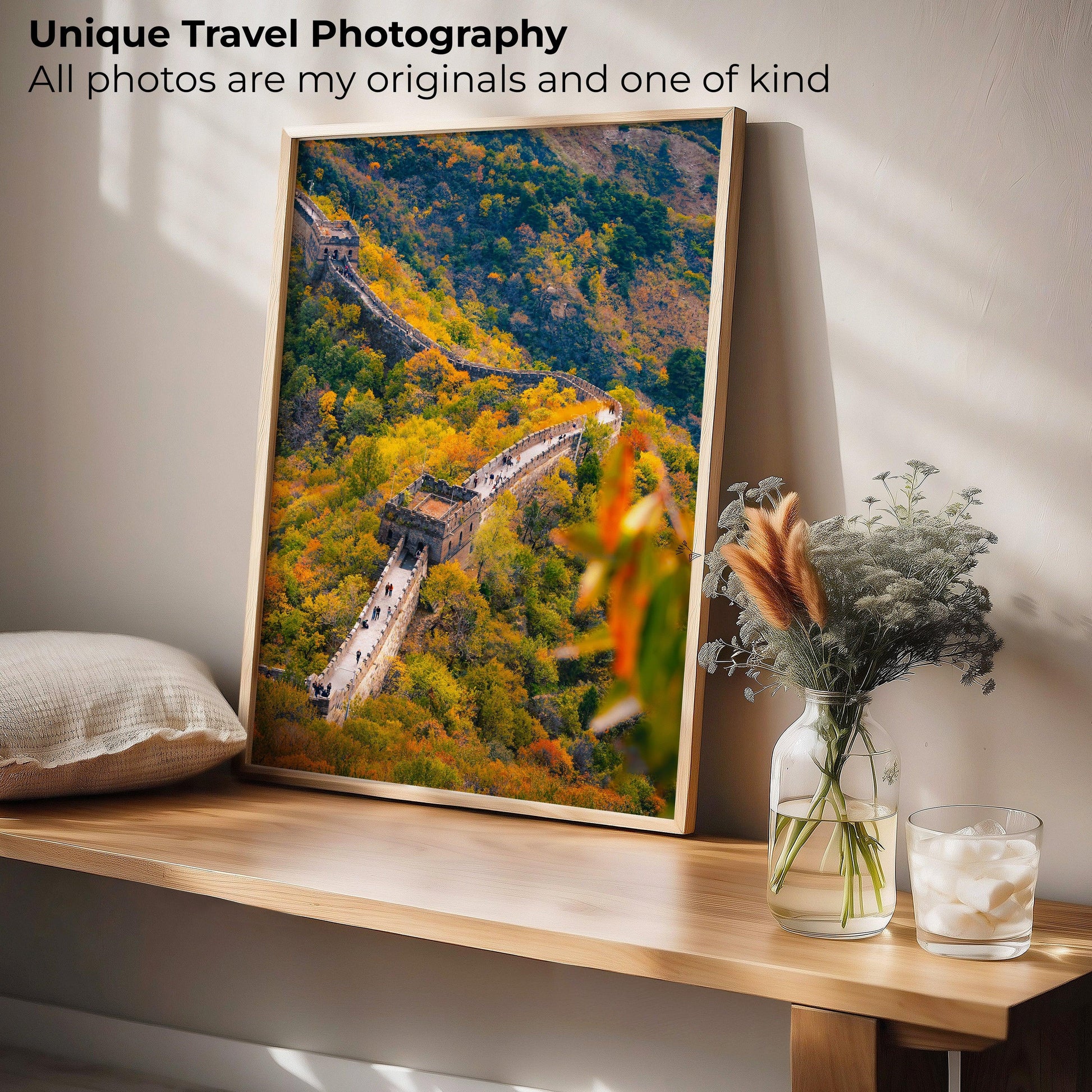 Majestic view of the Great Wall of China, with its ancient architecture stretching across mountains, captured in stunning photography for modern wall art.