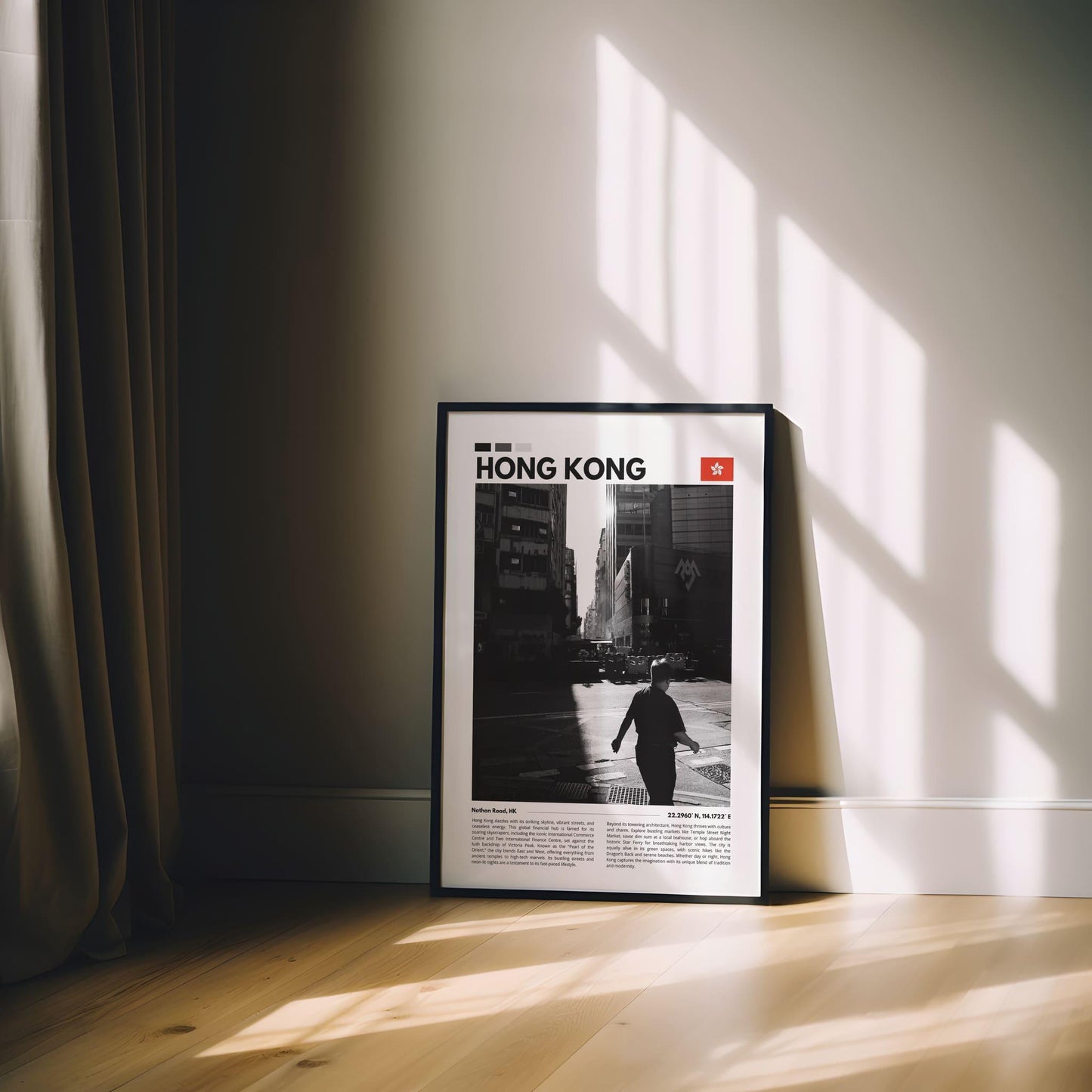 Black and white photography of Hong Kong’s iconic skyline, showcasing its towering skyscrapers and urban charm, perfect for minimalist wall art.