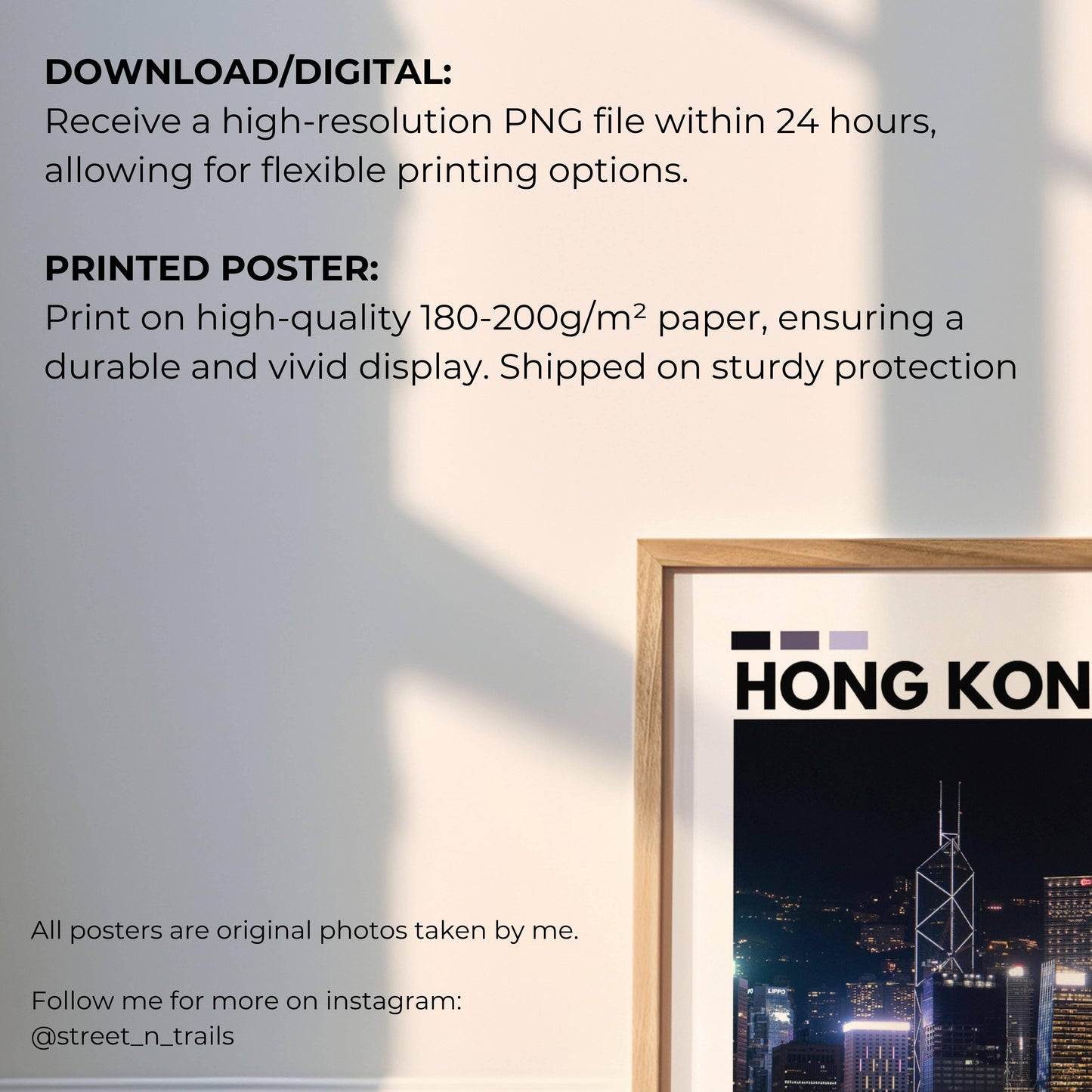 Hong Kong cityscape at night with vibrant skyscrapers glowing against the dark sky, captured in a stunning photography poster perfect for modern interiors.