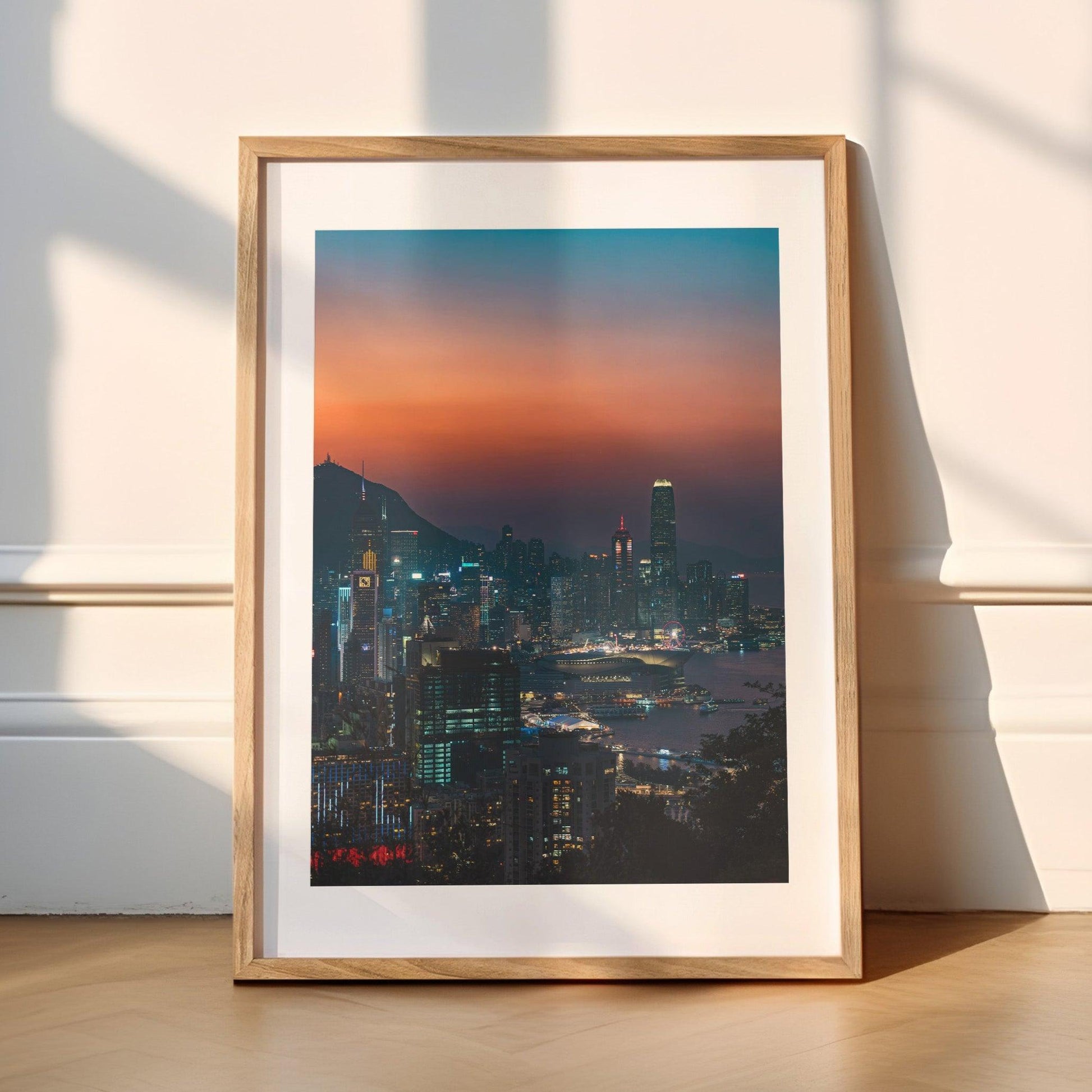 Stunning sunset view of Hong Kong city with its iconic skyline bathed in golden hues, captured in high-resolution photography for urban-inspired wall art.