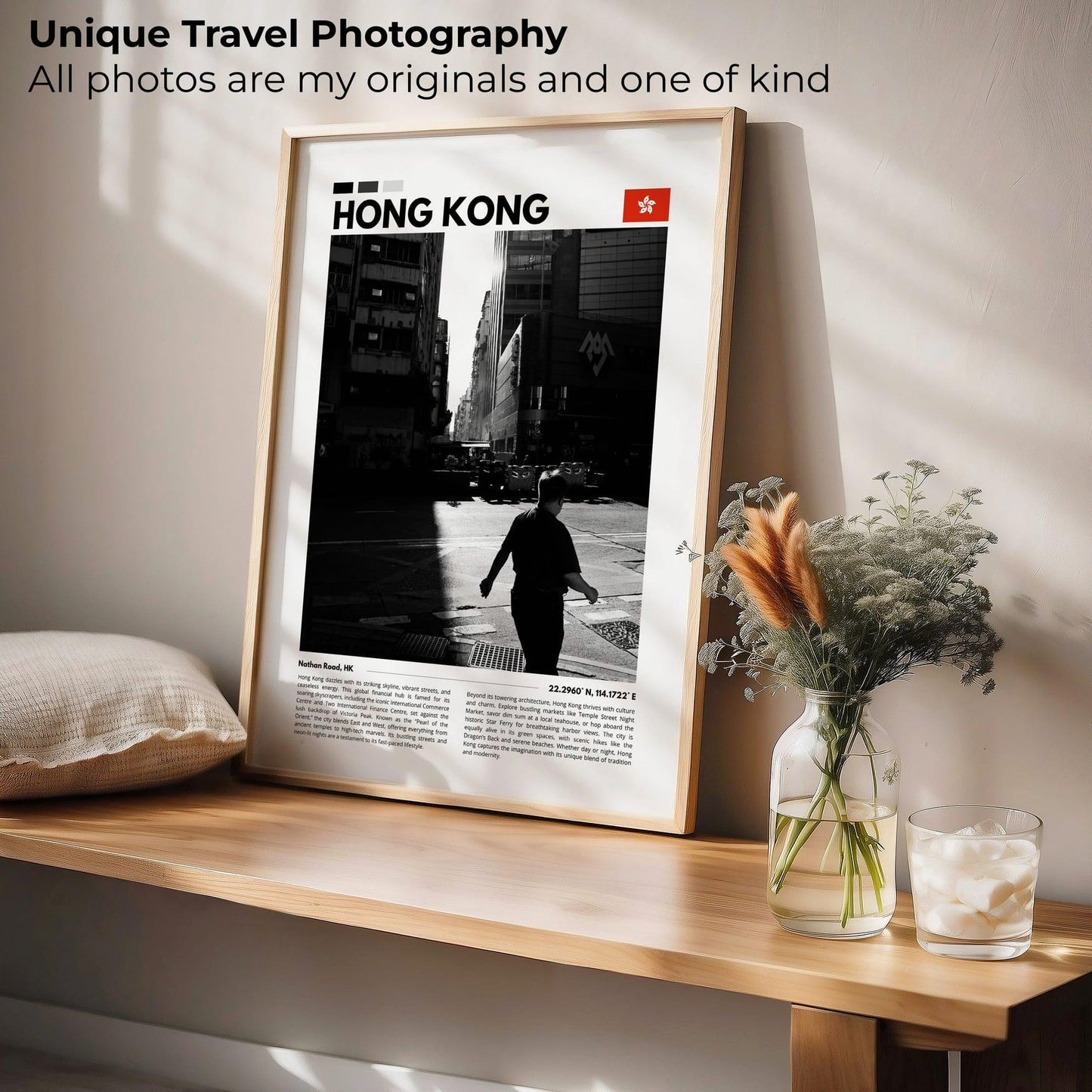 Hong Kong’s skyline and urban life captured in a dramatic black and white photography poster, perfect for adding depth to your home or office.