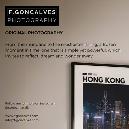 High-resolution photography of Hong Kong’s skyline at night, highlighting the illuminated skyscrapers and their shimmering reflections on the harbour.