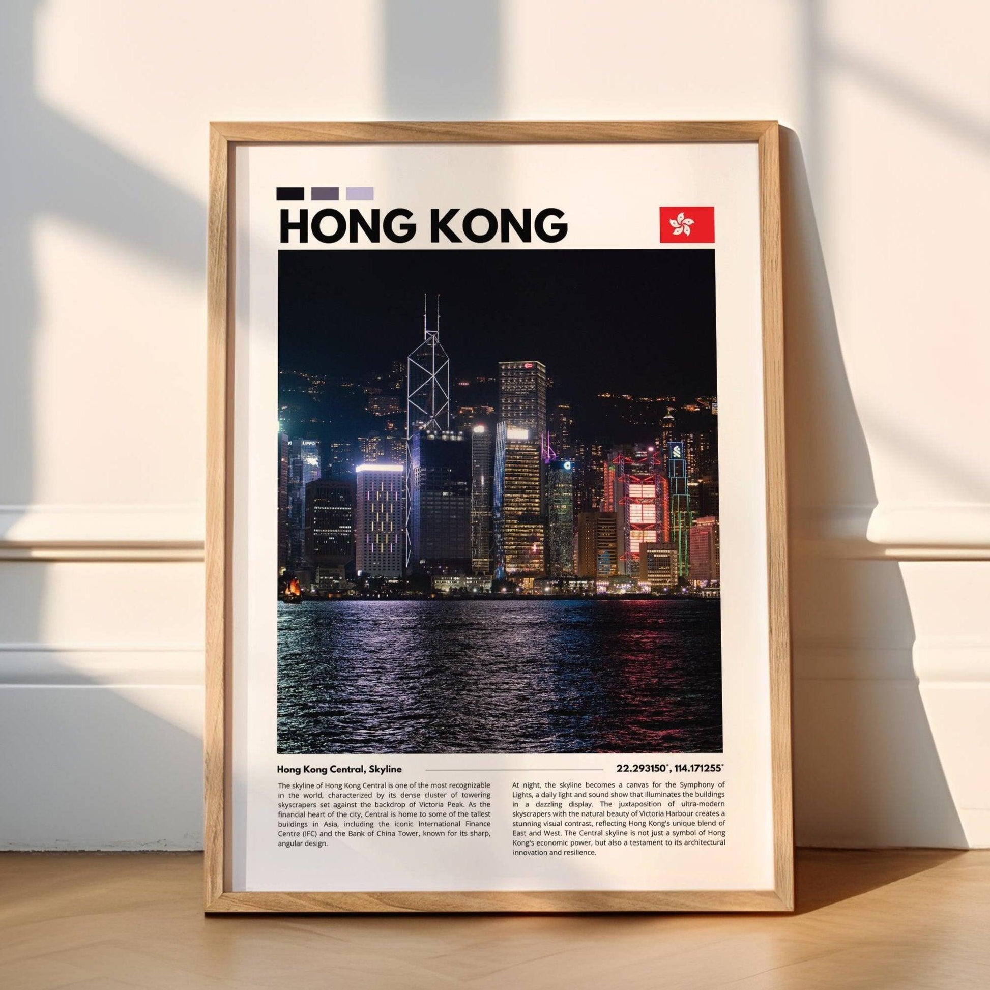 Stunning cityscape of Hong Kong at night, with brightly lit skyscrapers creating a breathtaking urban scene, ideal for travel-inspired home decor.