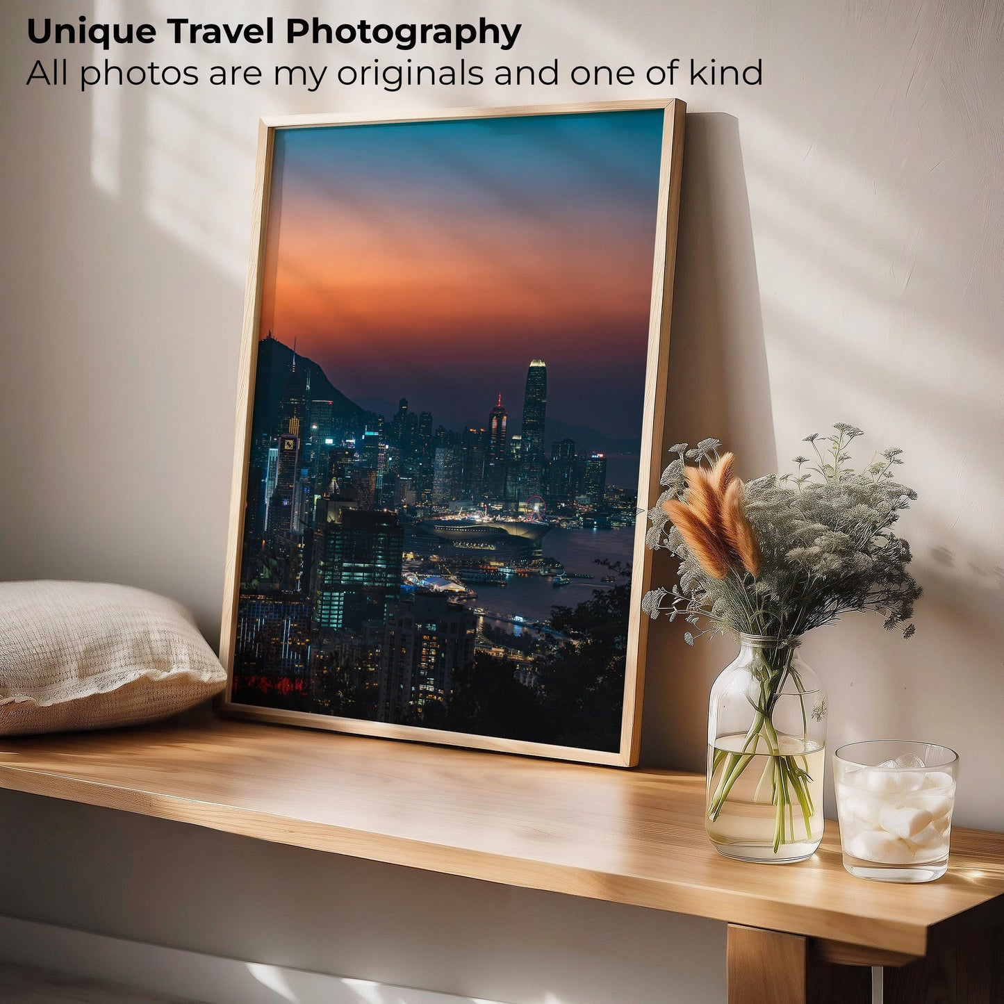 Sunset view of Hong Kong city featuring the glowing skyline and urban energy captured in stunning photography, perfect for modern wall decor.