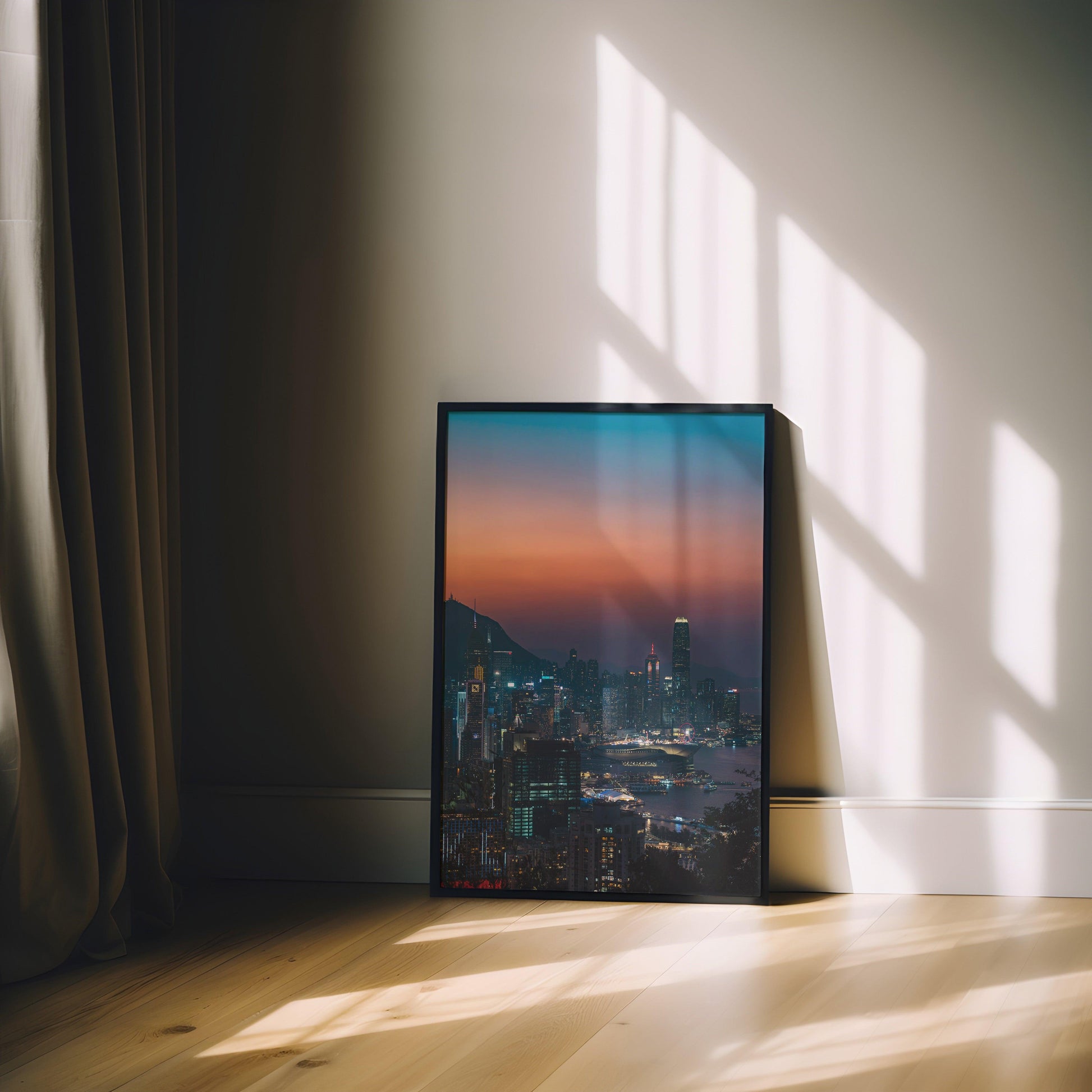 Vibrant sunset photography of Hong Kong’s skyline, with warm tones highlighting its dynamic urban landscape, ideal for lovers of cityscapes and wall art.