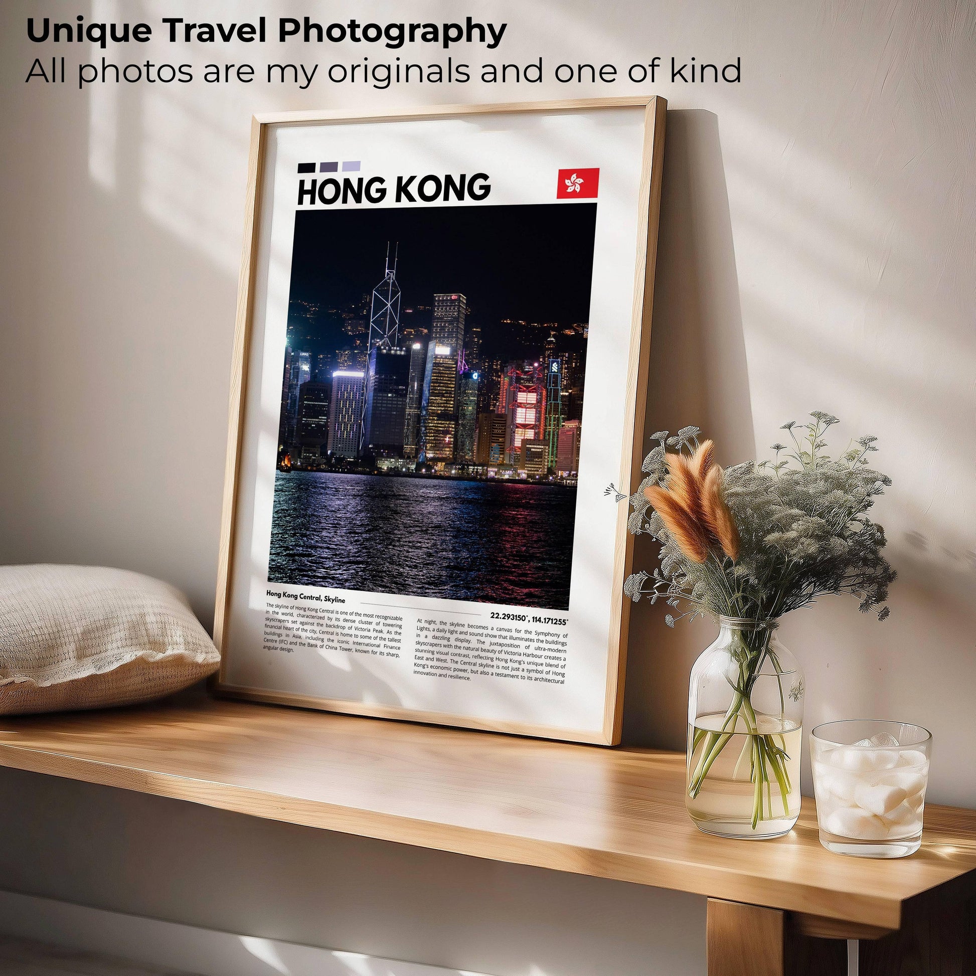 Illuminated Hong Kong skyline at night captured in this photography poster, showcasing the vibrant urban landscape and shimmering harbour views.