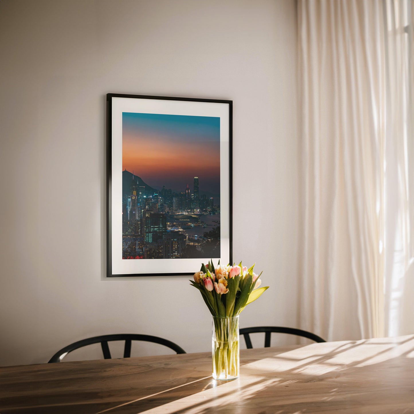 Beautiful sunset over Hong Kong city, with the skyline illuminated by vibrant colors, captured in detailed photography perfect for urban decor.