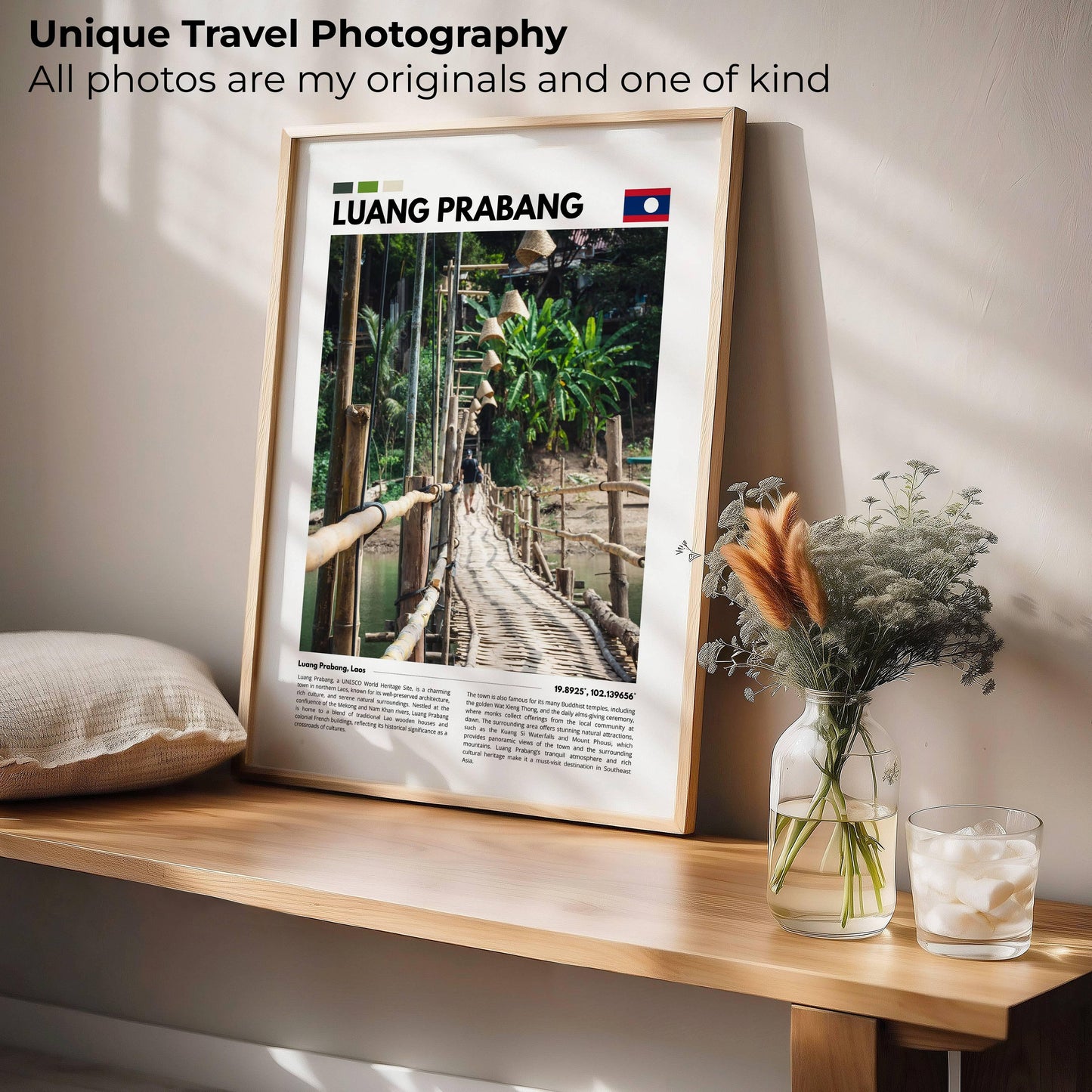 Stunning photography of the bamboo bridge in Luang Prabang, Laos, highlighting its handmade design and the tranquil natural surroundings, ideal for travel-inspired decor.