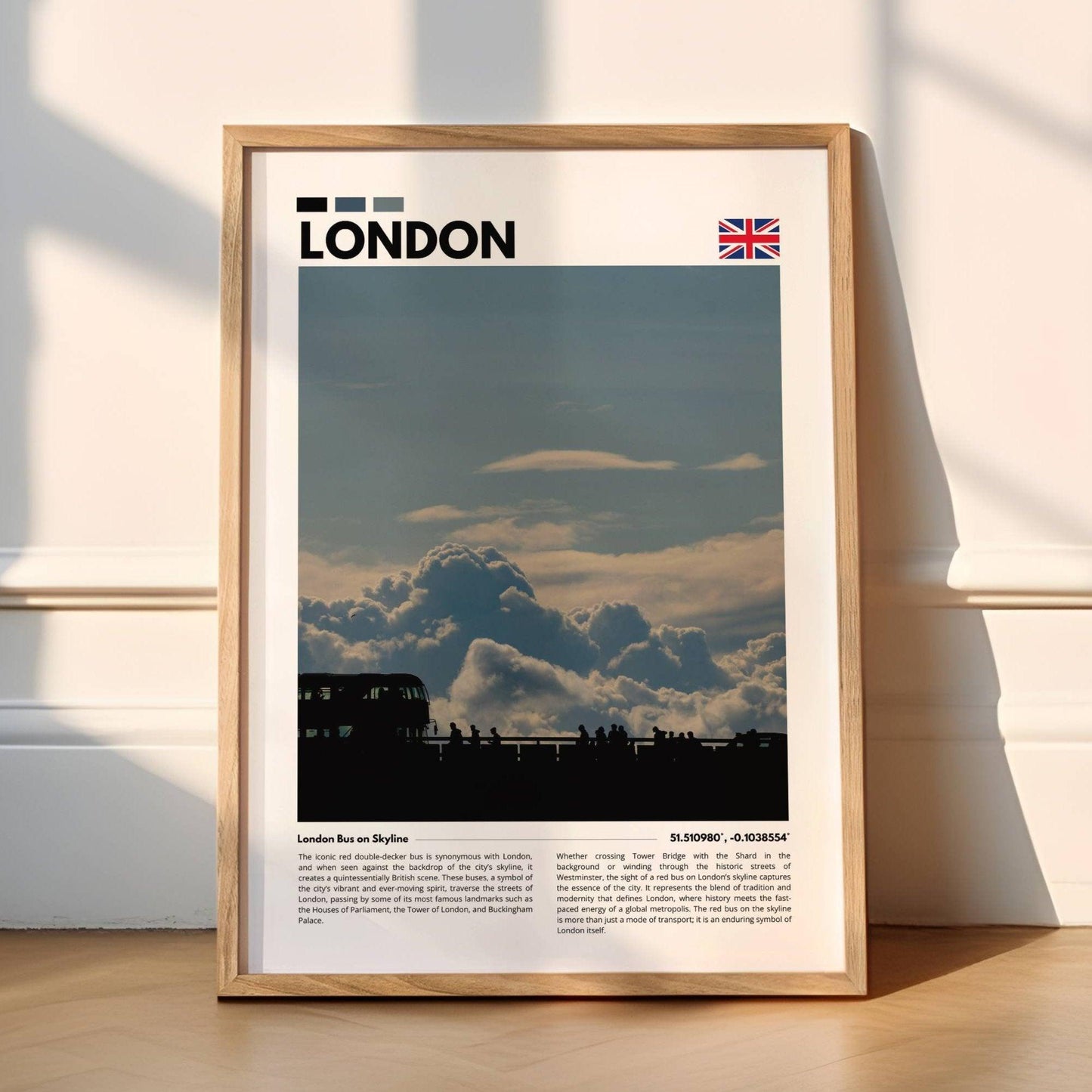 Stunning view of London’s double-decker bus with a backdrop of the city’s famous skyline, creating a dynamic and vibrant photography poster for urban-themed decor.