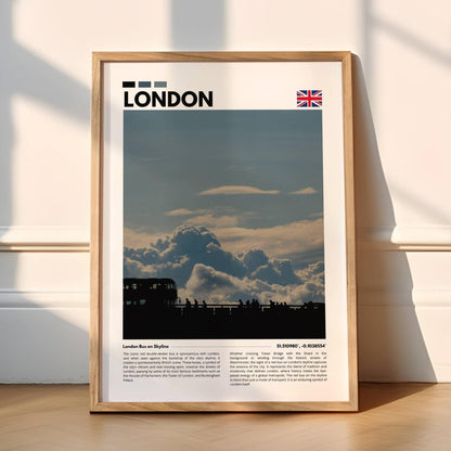 Stunning view of London’s double-decker bus with a backdrop of the city’s famous skyline, creating a dynamic and vibrant photography poster for urban-themed decor.