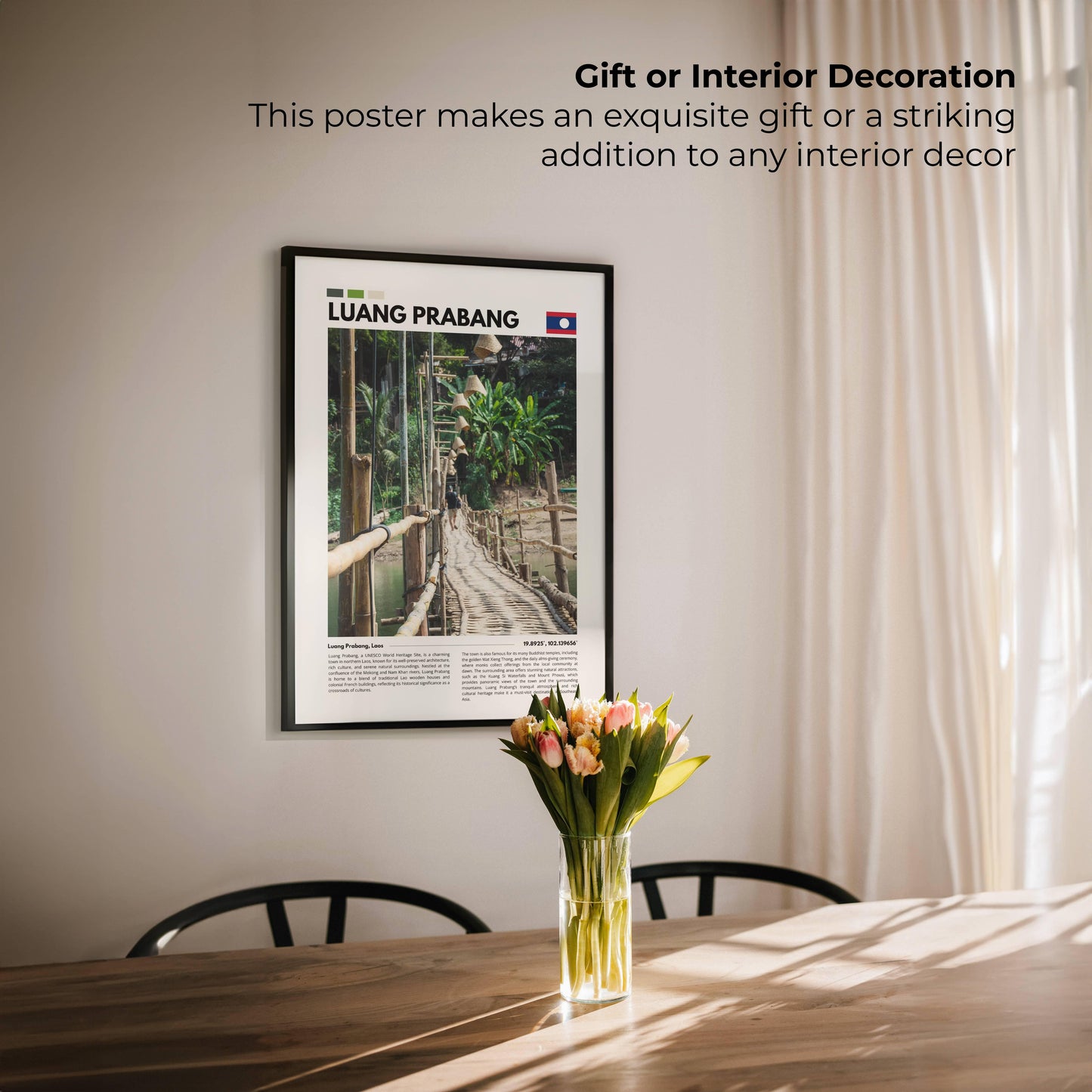 Iconic bamboo bridge in Luang Prabang, Laos, photographed in detail to showcase its rustic beauty and the serene river landscape, perfect for travel-themed wall art.