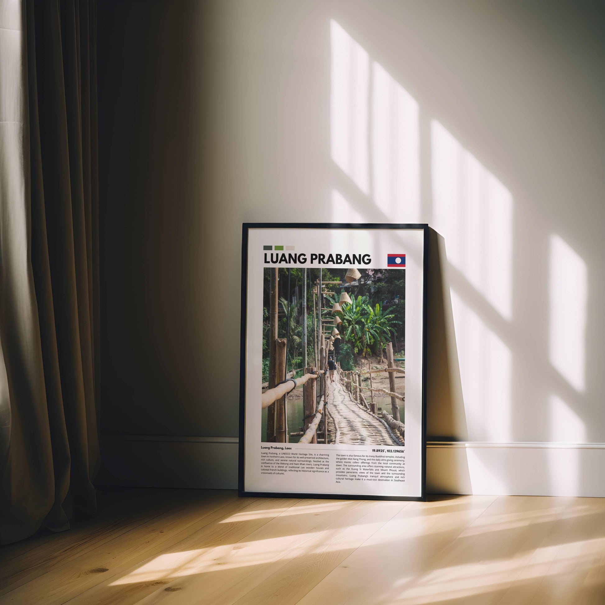 Beautiful view of the bamboo bridge in Luang Prabang, reflecting the simplicity and cultural richness of Laos, captured in this detailed photography poster.