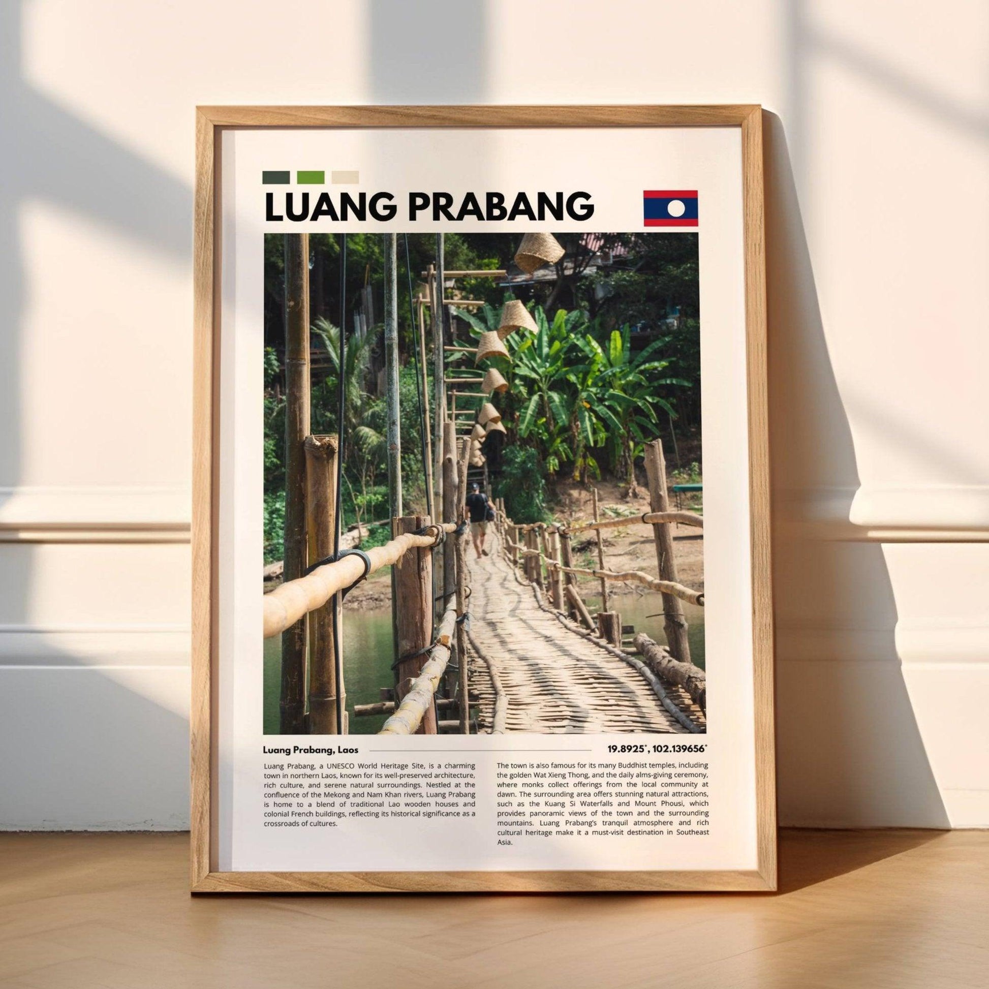 Rustic bamboo bridge crossing a calm river in Luang Prabang, Laos, photographed to highlight the natural beauty and cultural heritage of this scenic landmark.