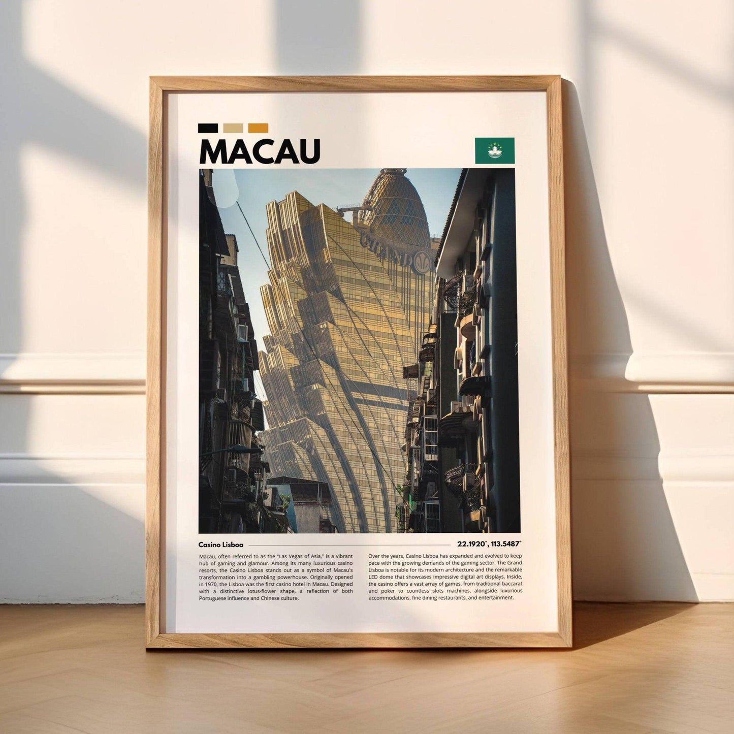 Night photography of Macau’s famous Casino Lisboa, showcasing its striking architecture and bold neon signs in a high-resolution print perfect for adding a splash of color and excitement to your home.