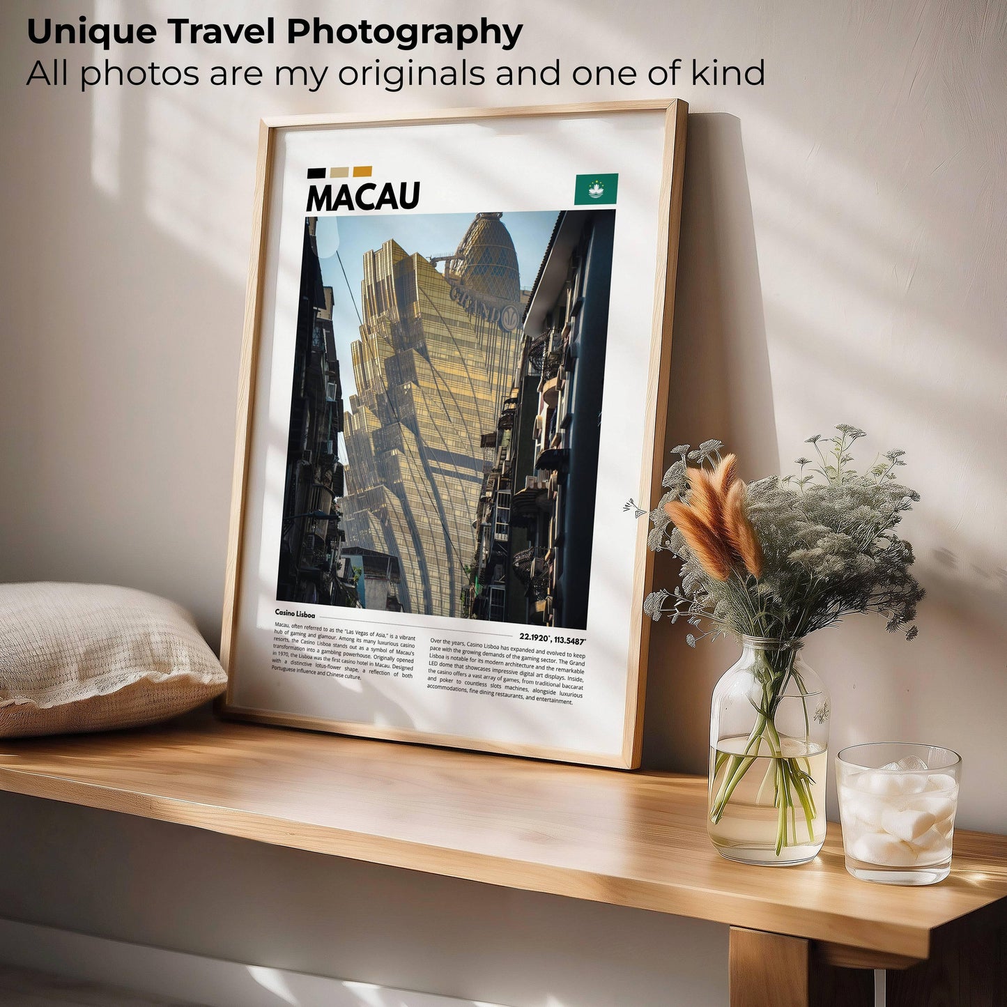 Bold photography poster of Casino Lisboa in Macau, highlighting the electric atmosphere of the famous casino with bright neon lights and modern architecture. Perfect for urban decor enthusiasts.