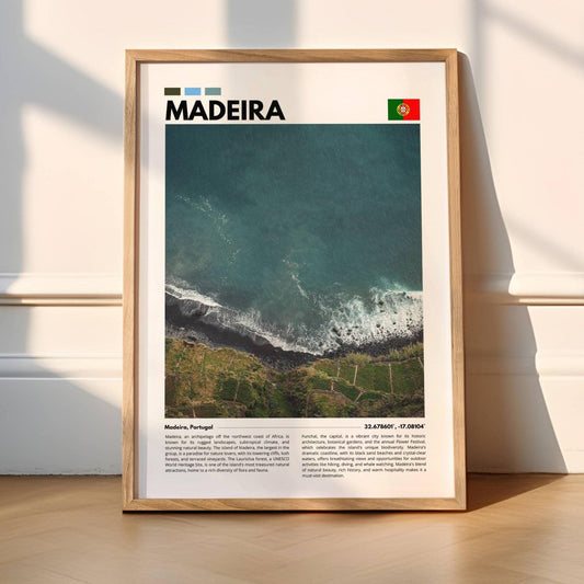 Stunning view of Madeira’s coastal cliffs, blending the rugged beauty of the rock faces with the tranquil Atlantic Ocean, captured in this detailed photography poster.